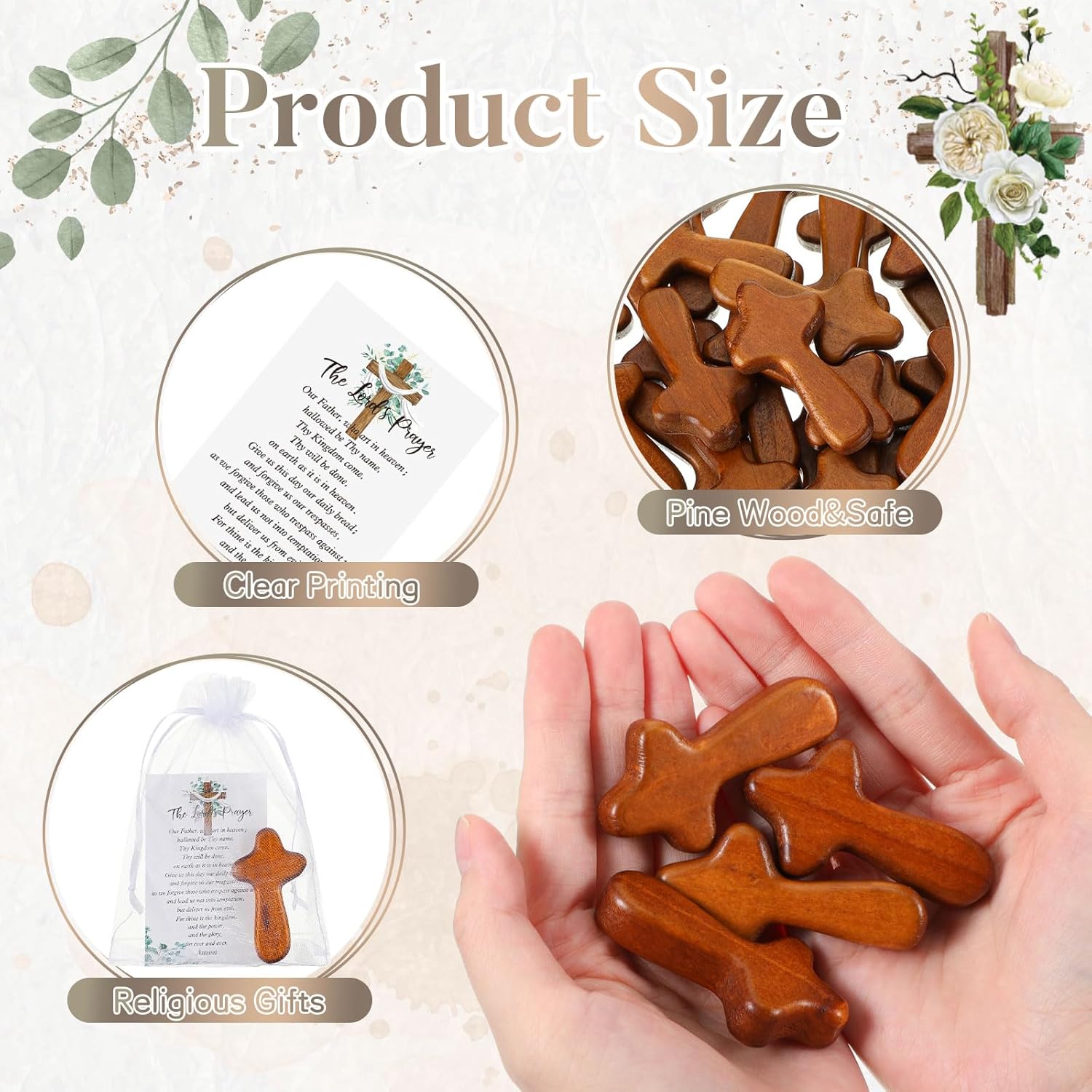Kigley 60 Set Mini Wood Holding Crosses Bulk 60 Small Pocket Hand Crosses 60 Prayer Cards 60 Bags for Christian Church Jesus Cross Easter Gift Bulk(Leaves,Organza)