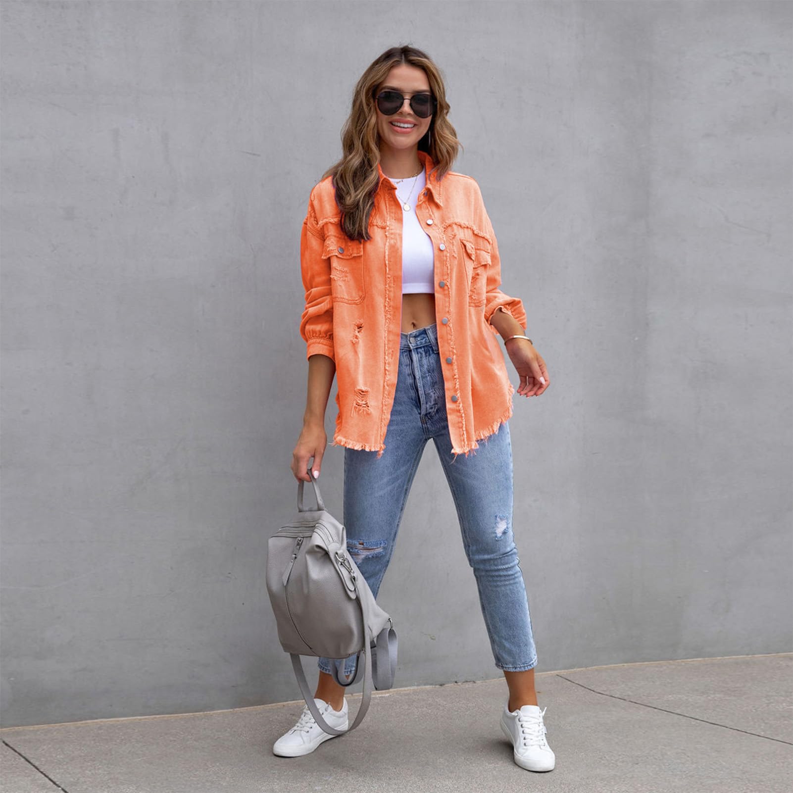 amropi Veste en Jean pour Femmes Chemisier en Denim Léger Blouson Ourlet Effiloché Jacket