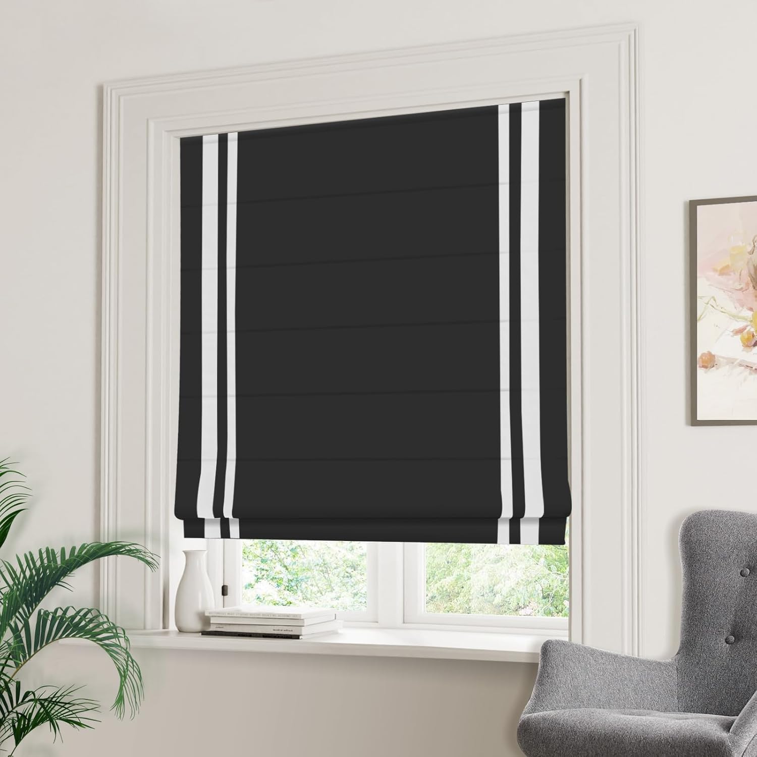 Cordless Roman Shades Black White Window Shades, Washable Custom Fabric Roman Shades for Windows, Doors, RV, French Doors, Kitchen Windows