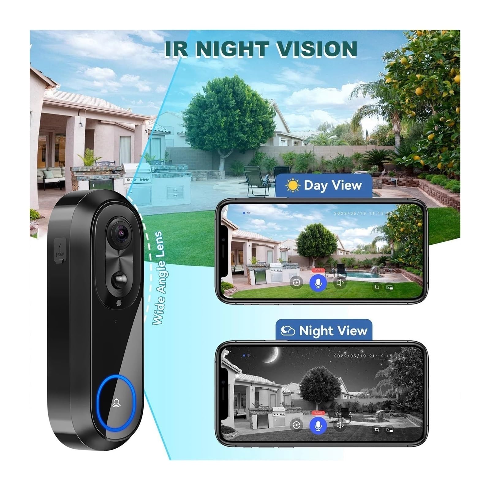 Portero automático. Timbre con cámara y videoportero inteligente W5 con WiFi, detección de movimiento, audio bidireccional, visión nocturna y cámara de seguridad inalámbrica for el hogar. Videoportero