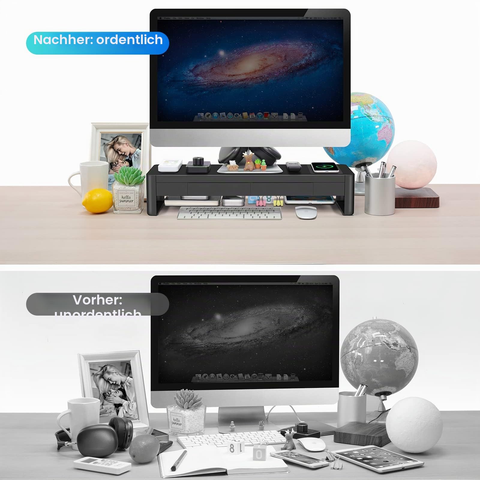 meatanty Monitorständer mit Schublade, USB und kabellosem Laden | Metallständer mit 4-Port-USB-Hub für PC, Notebook oder Drucker und praktische Schreibtischorganisation.