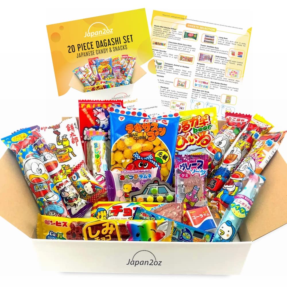 Japanese Snacks & Candy Box w/English Pamphlet 20 Pieces Dagashi