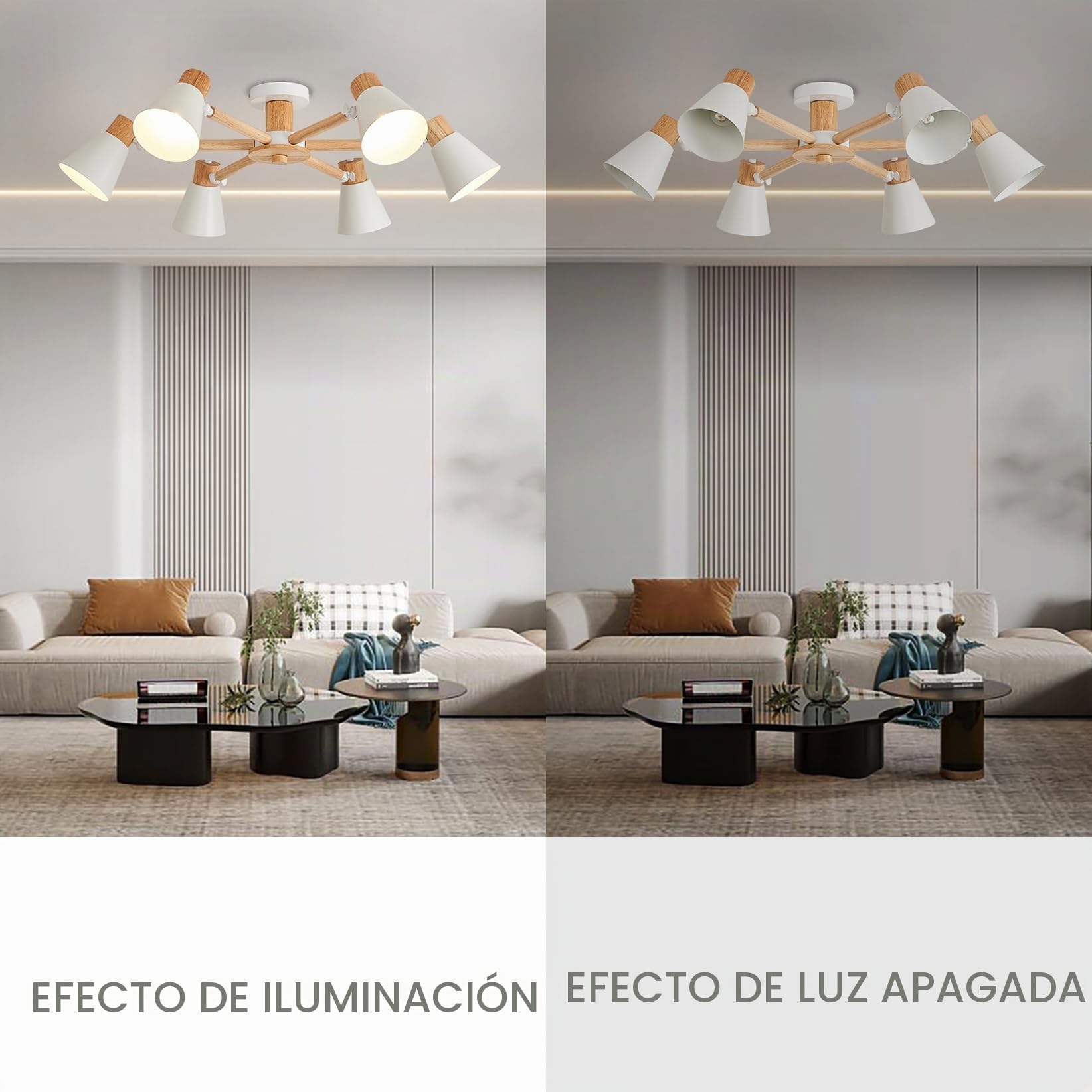 YOODI Lampara de Techo, 6 Luces Lámpara de Araña Modernos, E27 Plafones de Metal y Madera Maciza, Blanco Accesorio de Iluminación Colgante para Salón, Dormitorio, Comedor, Cocina (Sin Bombilla)