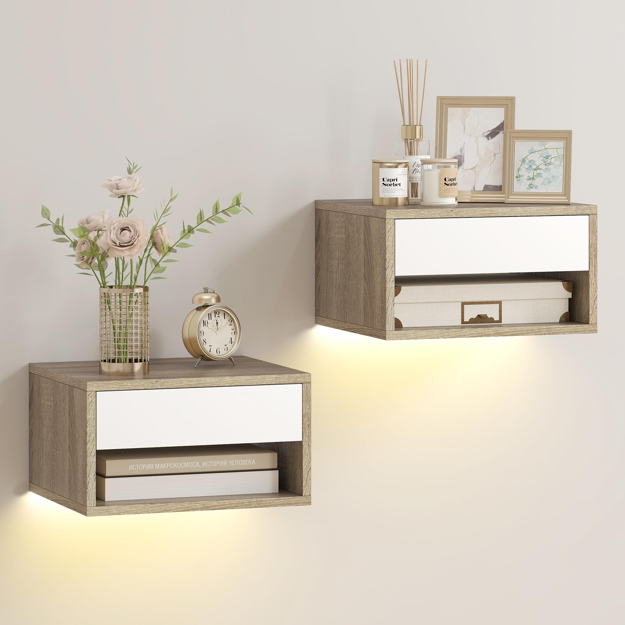 HOMCOM 2er-Set Hängende Nachttische, LED RGB Licht, Teak | App-Steuerung, wandmontierte Nachttische, offenes Fach, 1 Schublade, für Schlafzimmer, Wohnzimmer, 37x32x21cm.
