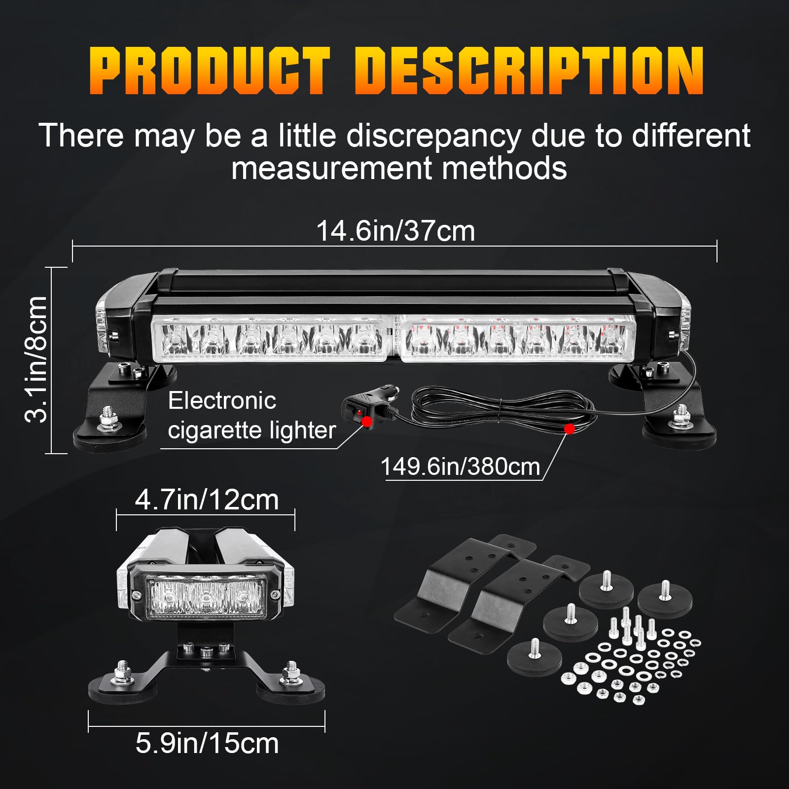 AUXTINGS 40 cm, stroboskopowa listwa świetlna, 16 cali, 30 czerwonych niebieskich diod LED, 24 silne magnesy kierunkowskazy do pługów śnieżnych, ciężarówek, ciężarówek, ciężarówek, holowników