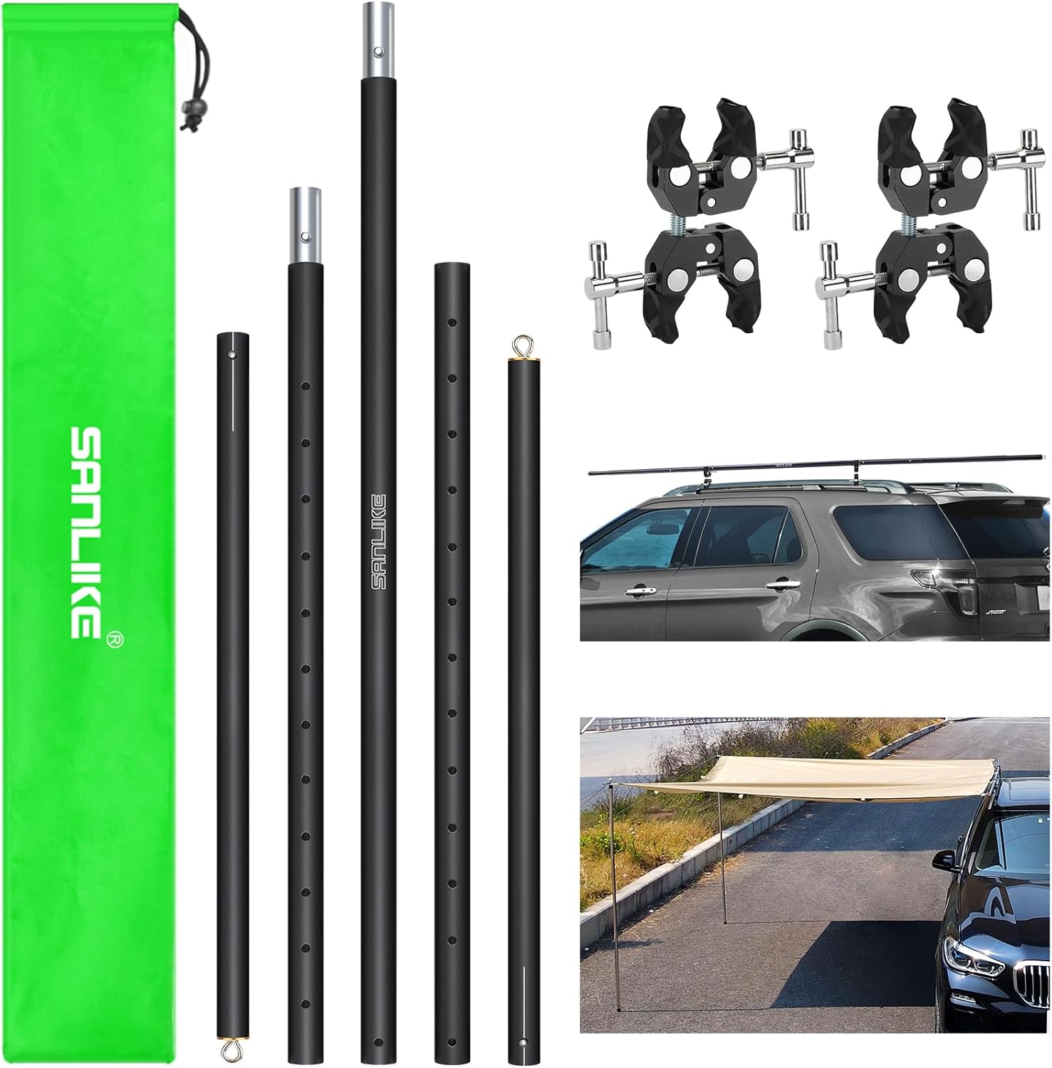 SAN LIKE Vehicle Awning Pole Outdoor Off-Road Camping Set for Car Side Tent Tarp Awning, Aluminum Car Rooftop Pole for Most Jeep/SUV/Truck/Van