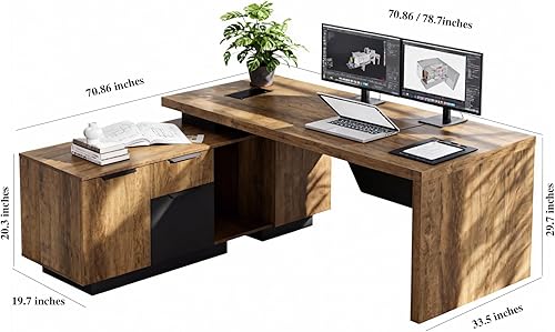 Miniatura 2 de Escritorio ejecutivo retráctil en forma de L, moderno escritorio de oficina con cajones y archivador lateral, escritorio grande para computadora con