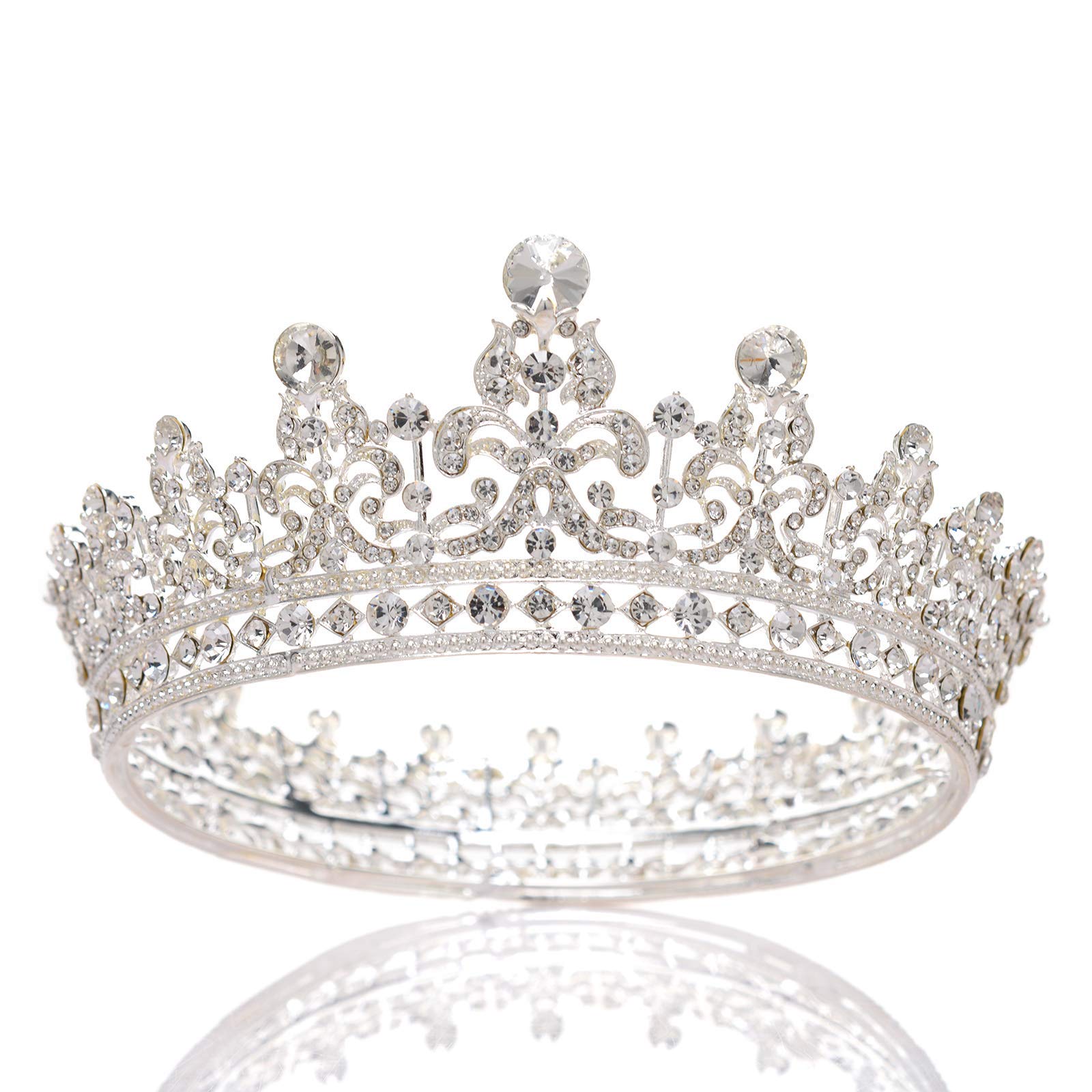 SWEETV Full Round Tiaras and Crowns for Women, Wedding Tiara for Bride, Crystal Queen Crown for Pageant Birthday Party Cake Topper, Silver