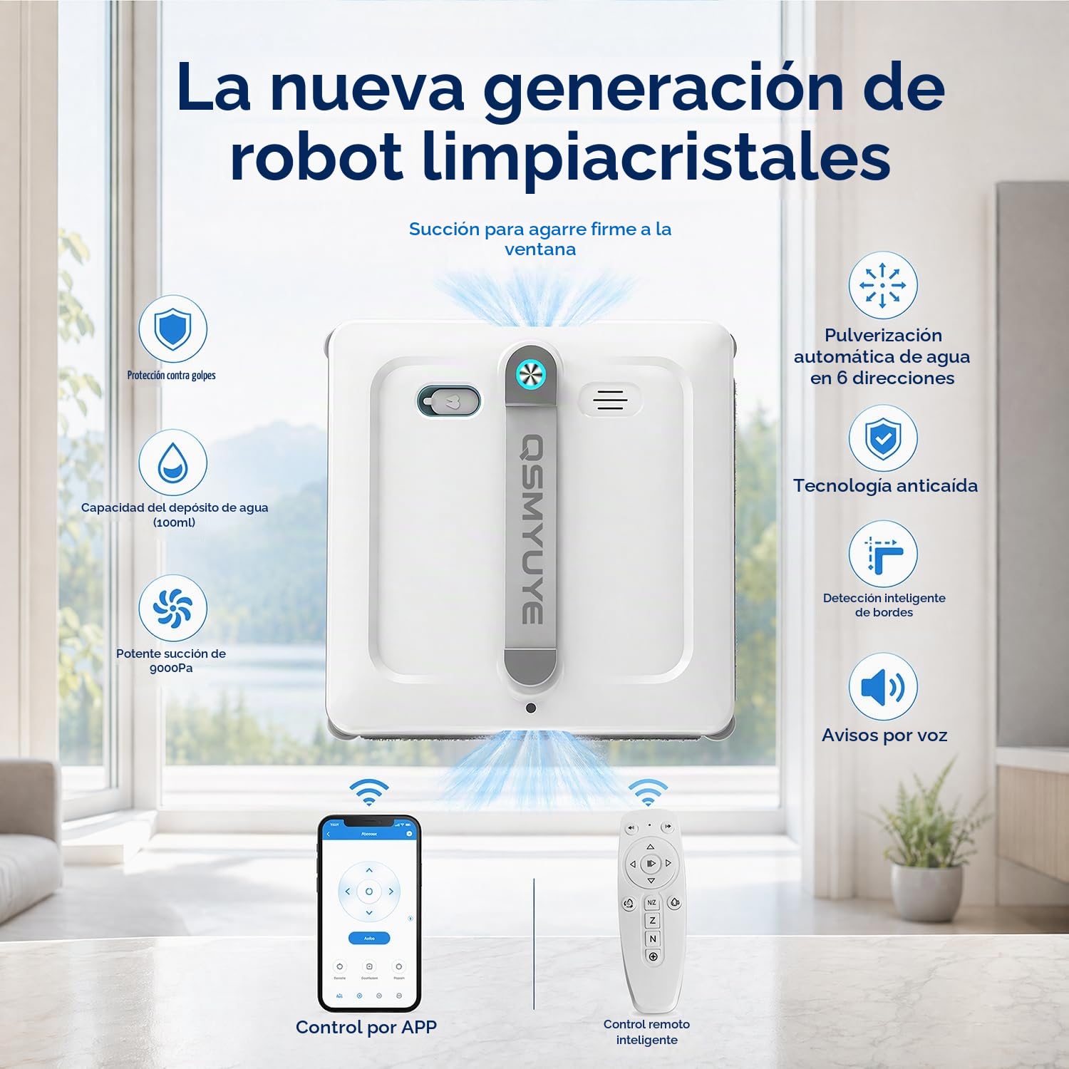 Robot Limpiacristales 9000Pa Doble Cepillo 6 Chorro
