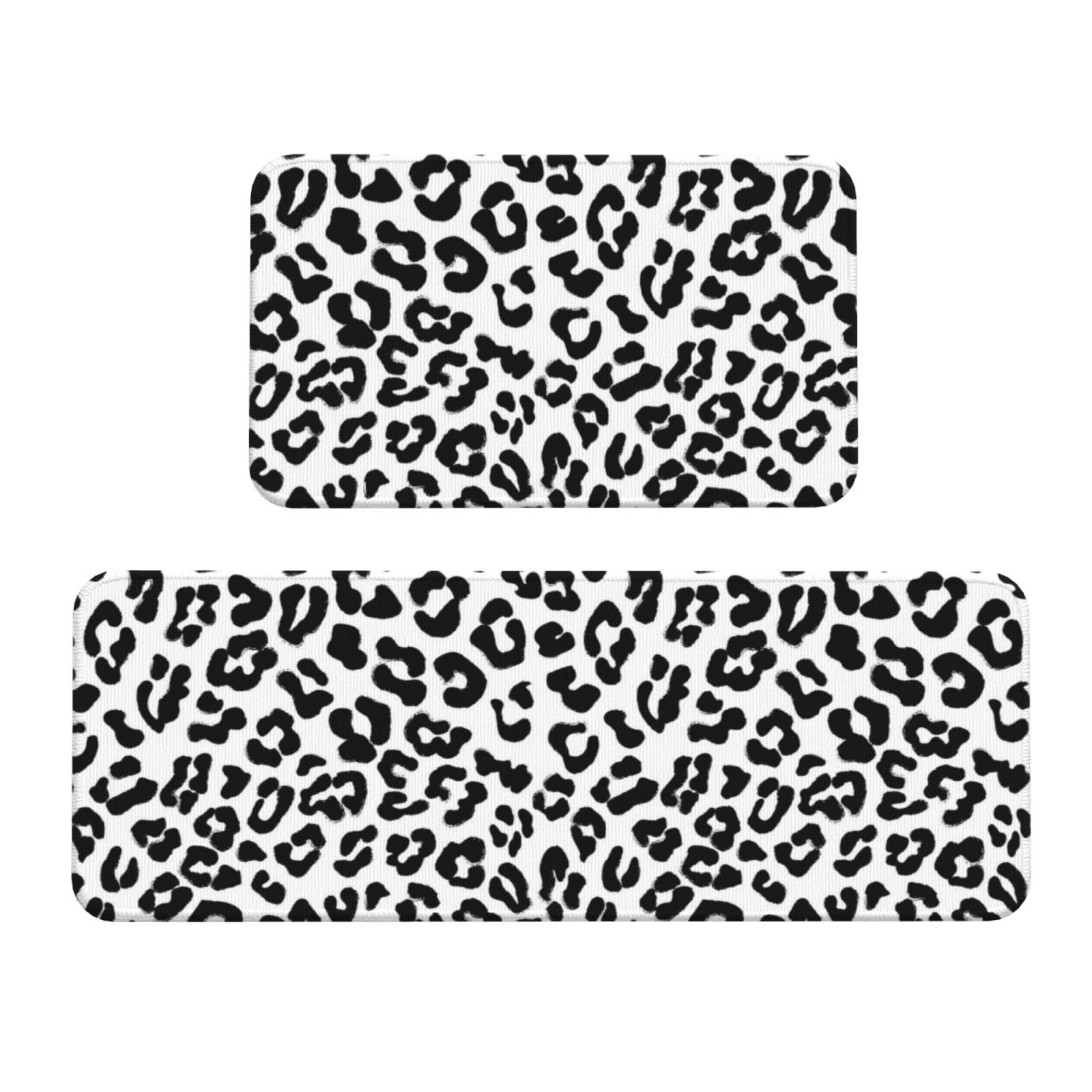 GVYGVY Antifatigue Kitchen Mats for Floor 2 Piece - White Black Leopard Fashion Print Kitchen Rugs Washable, Non Slip Runner Rug Standing Mat for Office/Bathroom/Laundry/Home Decor and Accessories