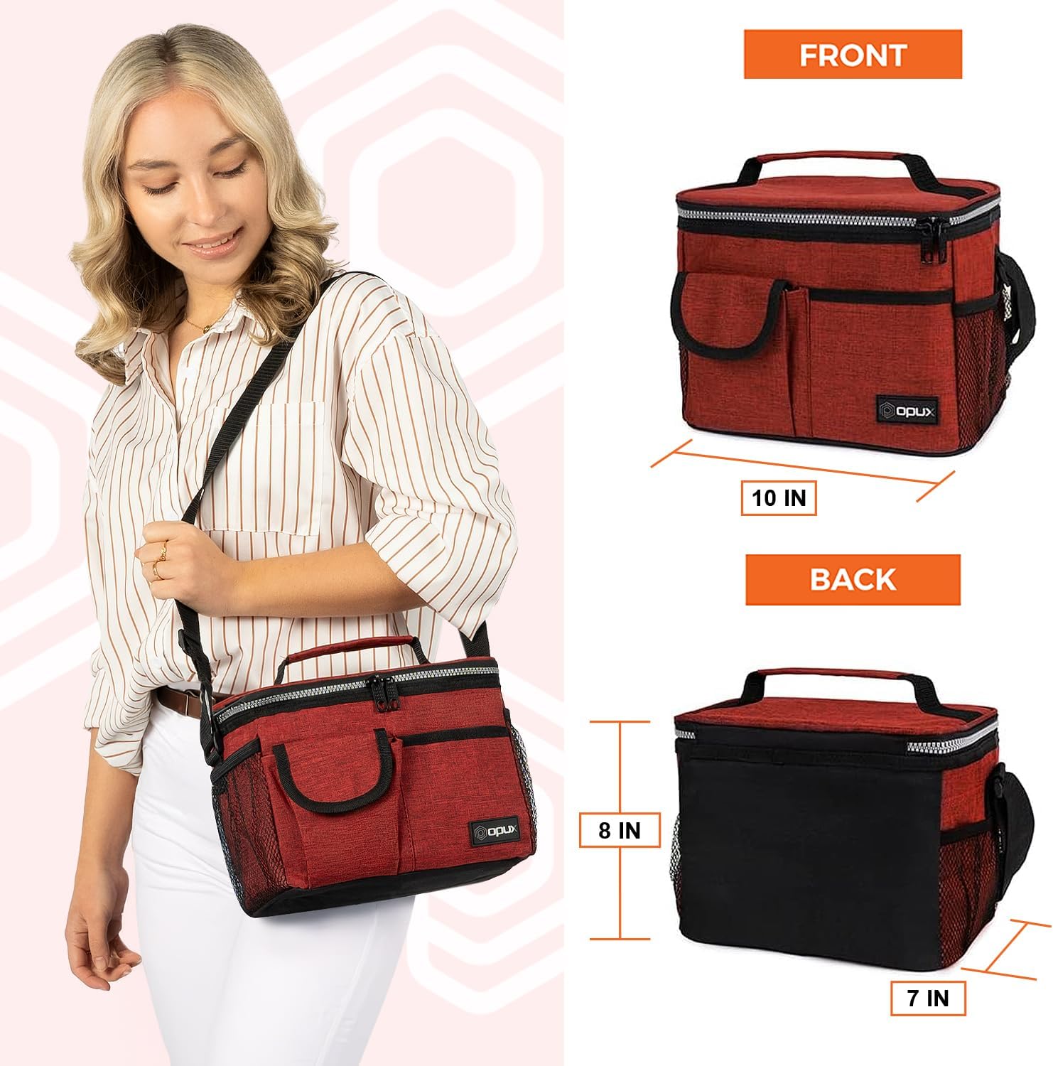 opux Insulated Lunch Bag for Men Women, Leakproof Heather Red Lunch Box for Work, Portable Soft Lunch Cooler Bag with Shoulder Strap, Adult Lunchbox Lunch Pail for Kid Boy Girl School, 14 Can/8L - Image 3