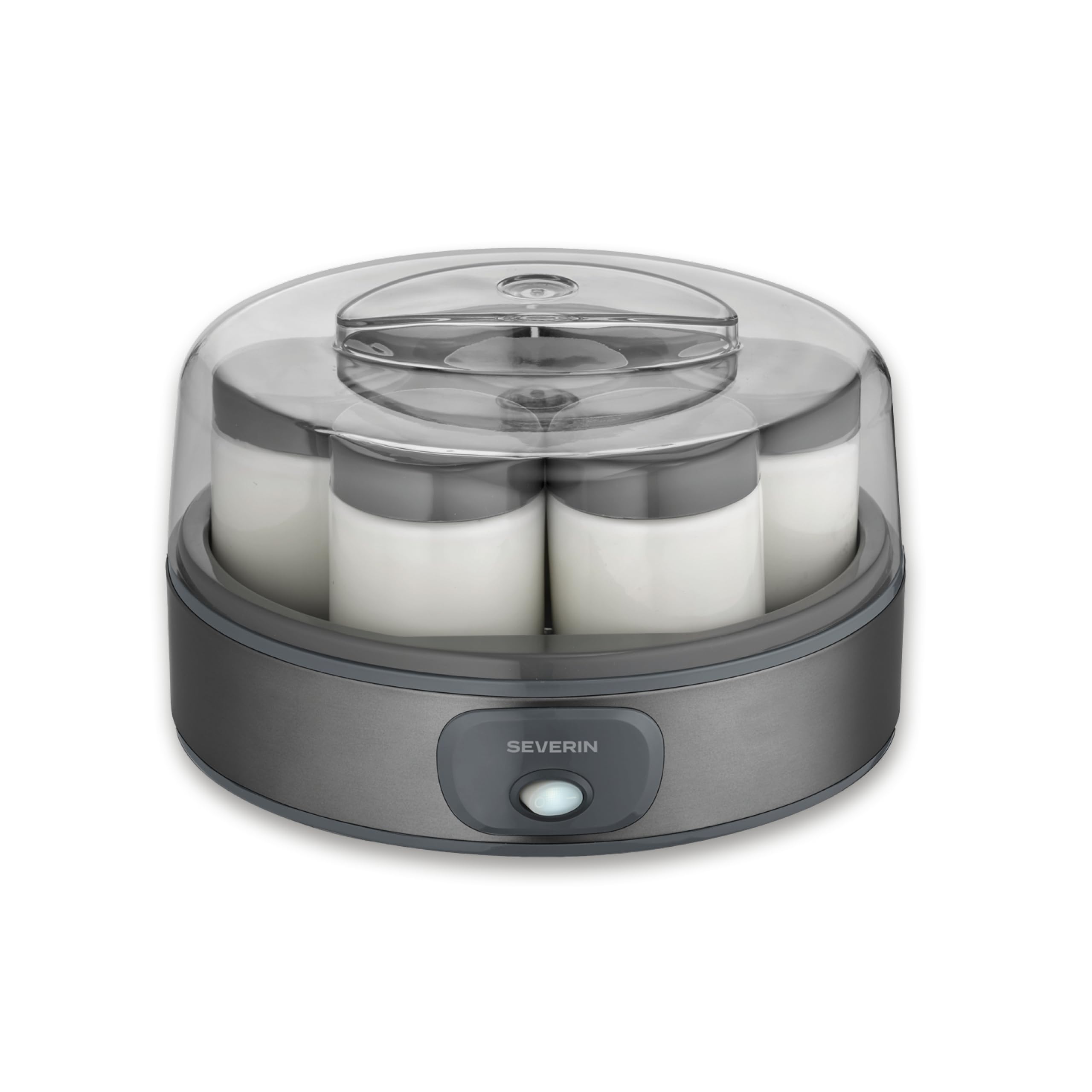 Severin Yogurtera, incluye 7 tarros de yogur de 150 ml para 1 litro de yogur casero, tapa transparente, estilo griego, interruptor basculante, 18 W, acero inoxidable oscuro, JG 3510 en oferta en Amazon