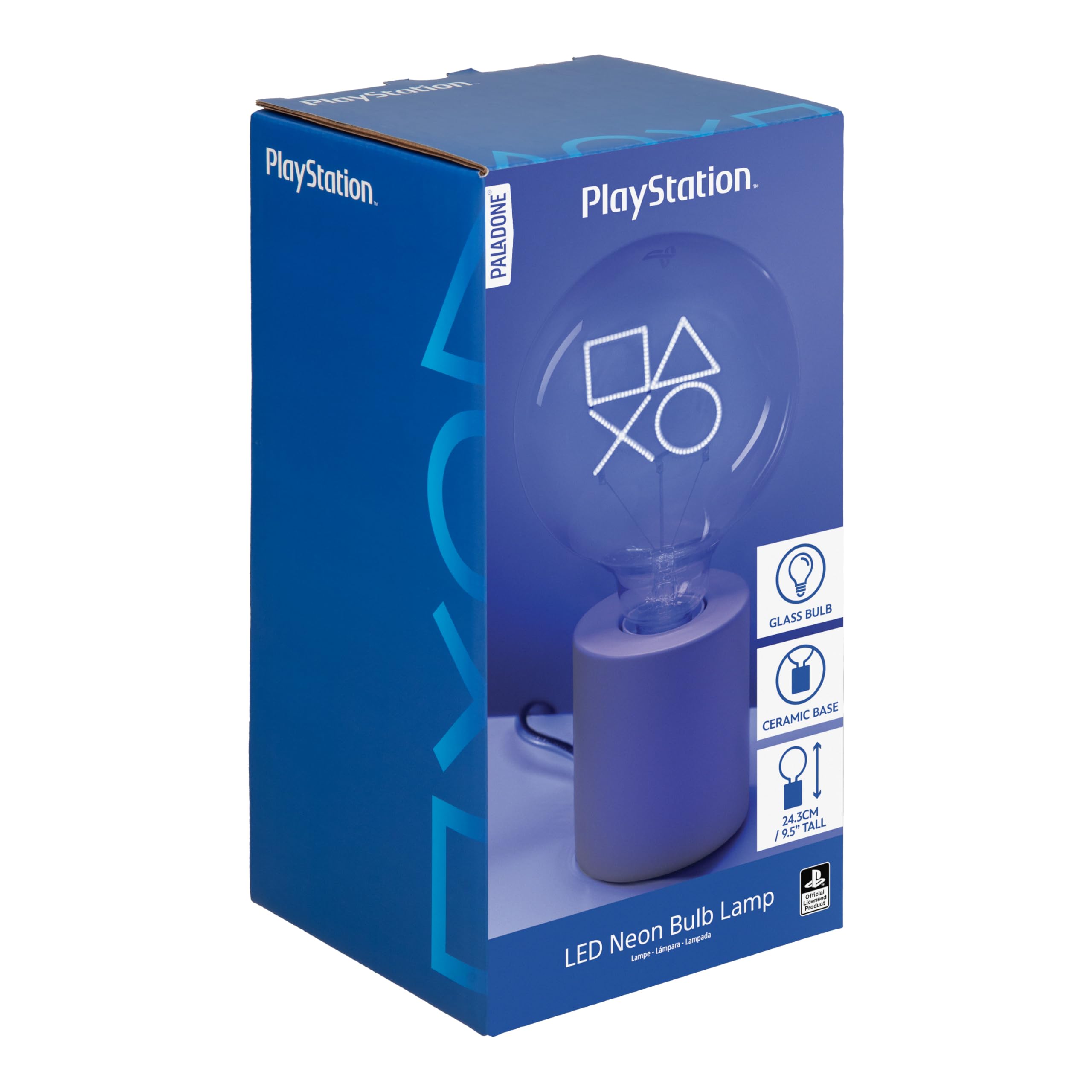 Paladone, Lampada con lampadina neon a LED decorativa con simboli PlayStation, con lampadina in vetro E27, regalo giocatore Sony con licenza ufficiale, per decorare camere da letto, case, sala giochi