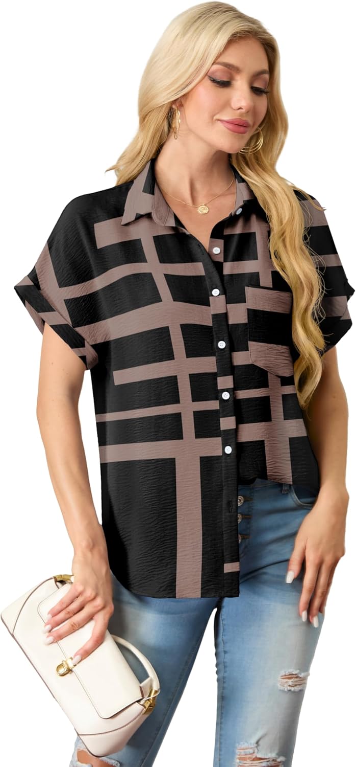 Button Down Short Sleeve Shirts for Women V Neck Loose Roll Up Collared Shirt Casual Summer Tops with Pockets - Image 4