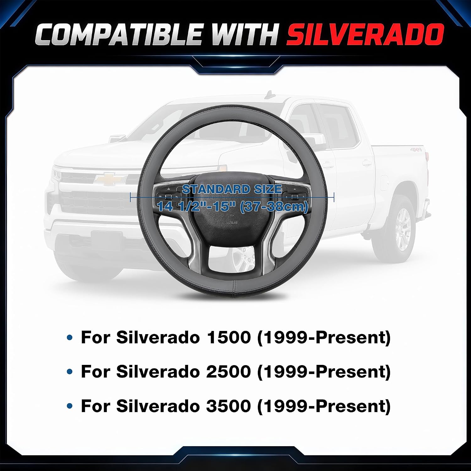 Steering Wheel Cover for Chevy Silverado 1500 2500 3500 1999-2026, Standard Size 14.5-15", Gray