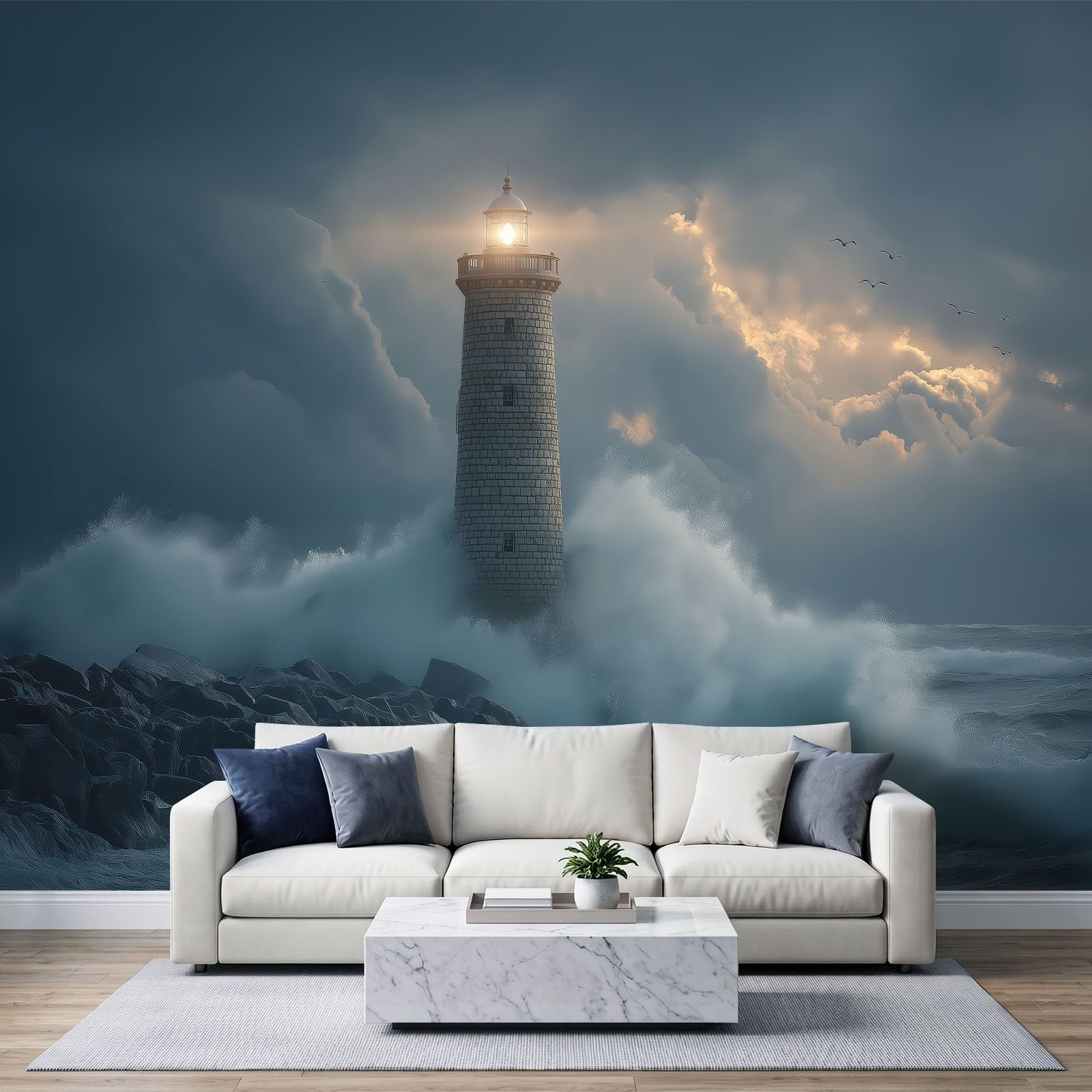 250 x 175 cm, fototapeta z włókniny, na wymiar, fotografia, krajobraz, latarnia morska, niebiesko-szara, fotorealistyczny, druk HD, tapeta na flizelinie, tapeta z motywem, dekoracja ścienna, dekoracja