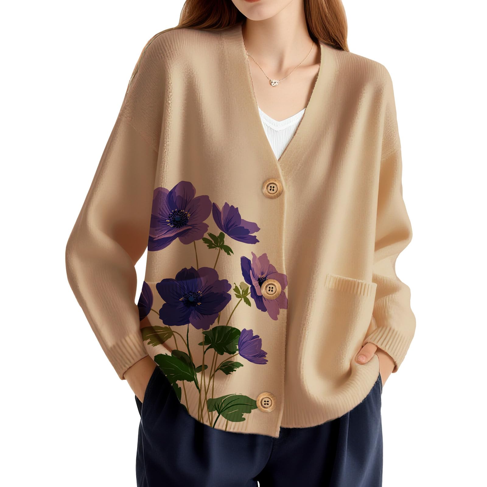 Floral Cardigans Women Cropped Graphic Cardigan Sweaters Trendy Cute Fall Chunky V-Neck Sweater Plus Size