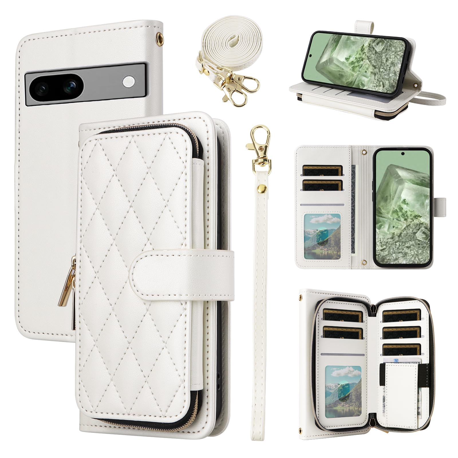 Furiet Wallet Case for Google Pixel 7A 5G 2023 with Detachable Wrist Strap, Crossbody Shoulder Strap, 9+ Card Slots Zipper Purse, Luxury PU Leather