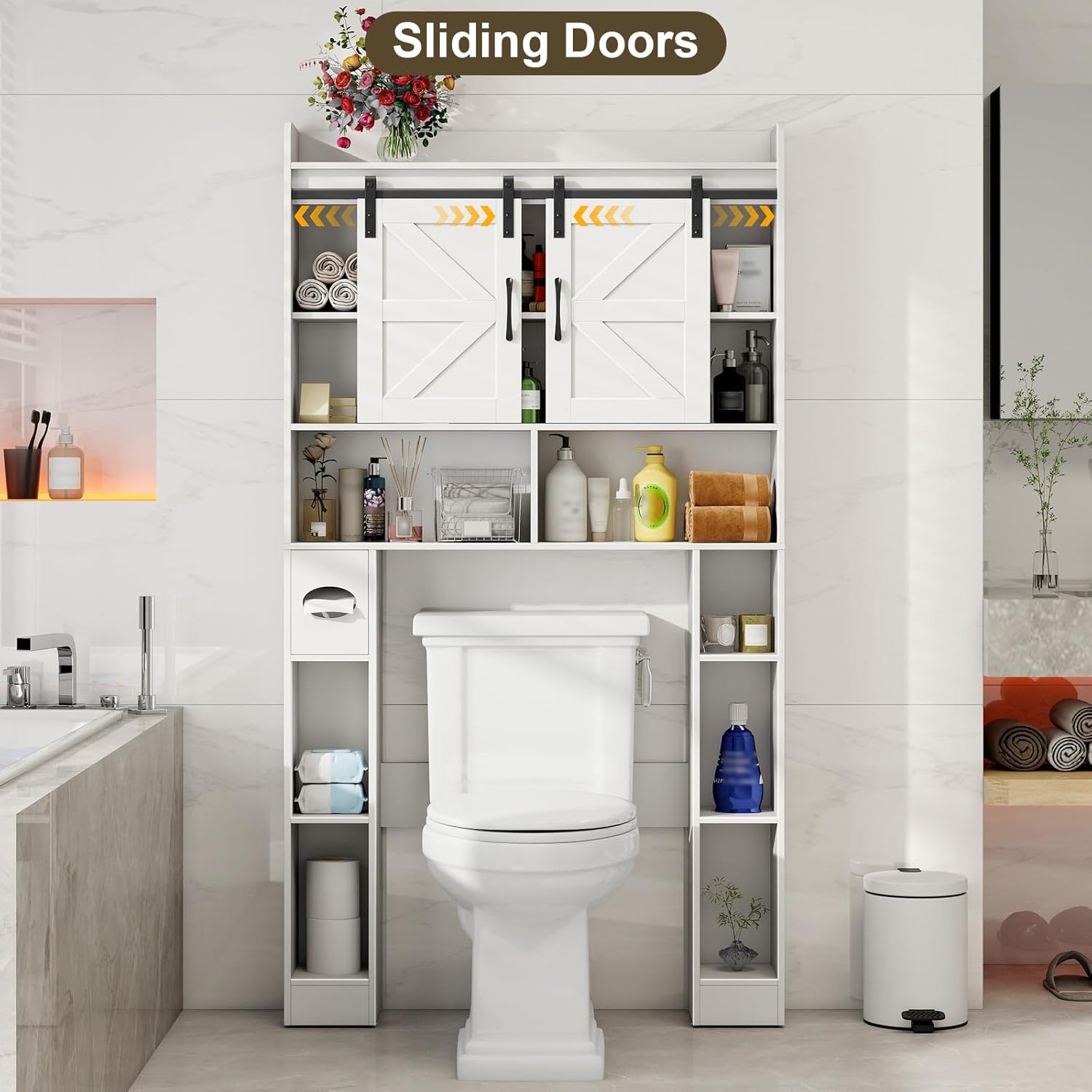 Vabches Farmhouse Storage Cabinet Over Toilet with Sliding Doors, Home Space-Saving Toilet Rack, Over The Toilet Storage Cabinet, Open Storage Shelf, for Bathroom, Laundry, Restroom.White