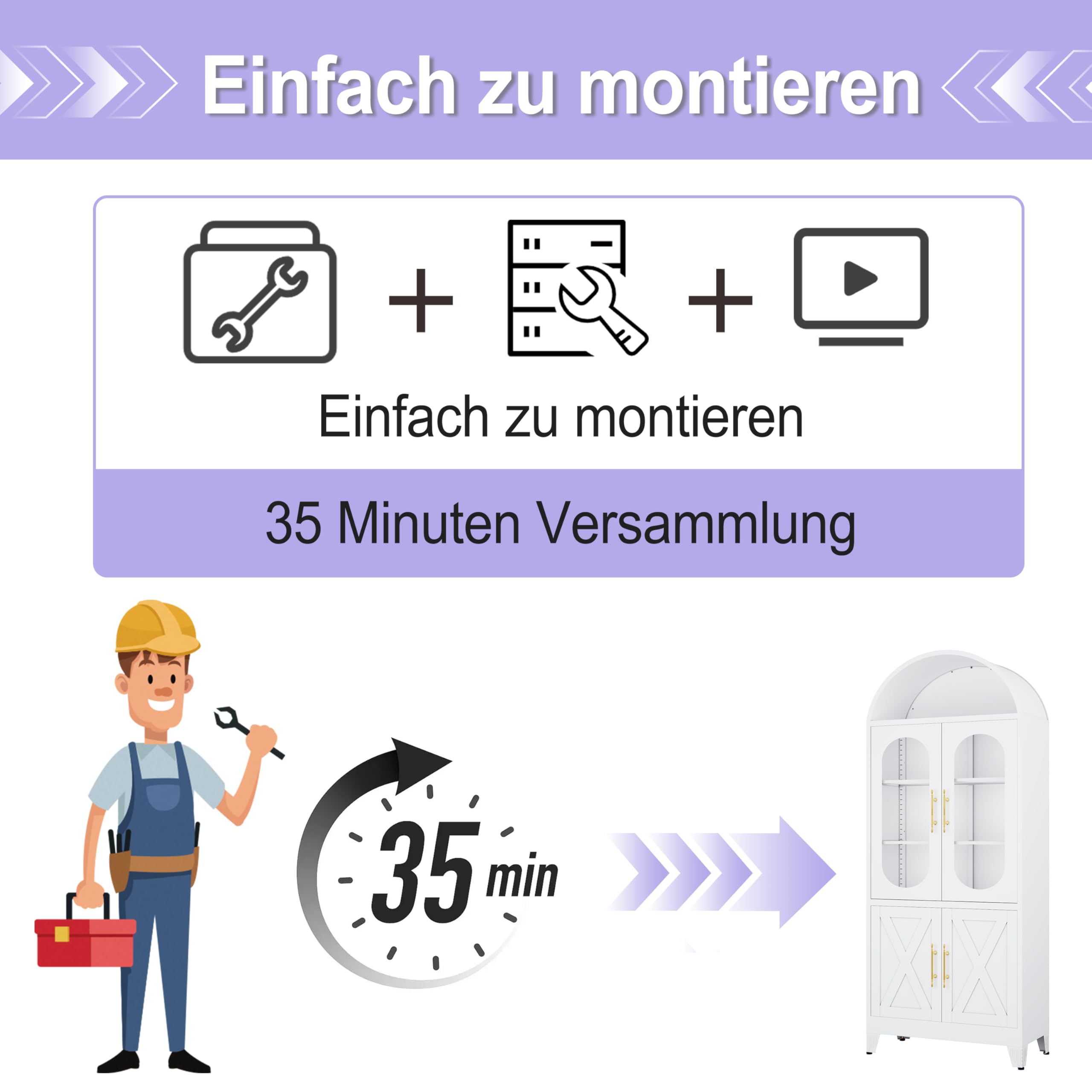 185,42 cm hoher metallener gewölbter Küchenvorratsschrank, moderner landhausstiliger Porzellanaufbewahrungs-Schrank mit Glastür und verstellbaren Regalen, vielseitiger Schrank für Küche(weiß)