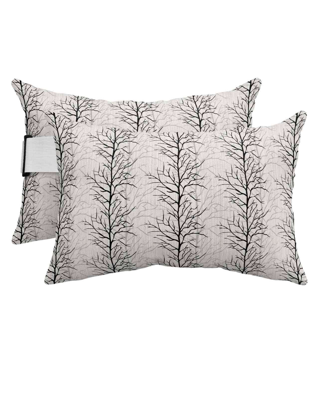 HERBED Outdoor Pillows Covers with Inserts Modern Botanical Black Tree Branch Pattern Waterproof Pillow with Adjustable Strap Throw Pillows for Patio Furniture Pool Lounge Chair, 11x16 Inch, 2PCS