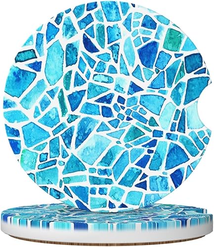 Posavasos de coche de mosaico azul para portavasos de automóvil, paquete de 2 posavasos de cerámica para bebidas, accesorios para interiores para