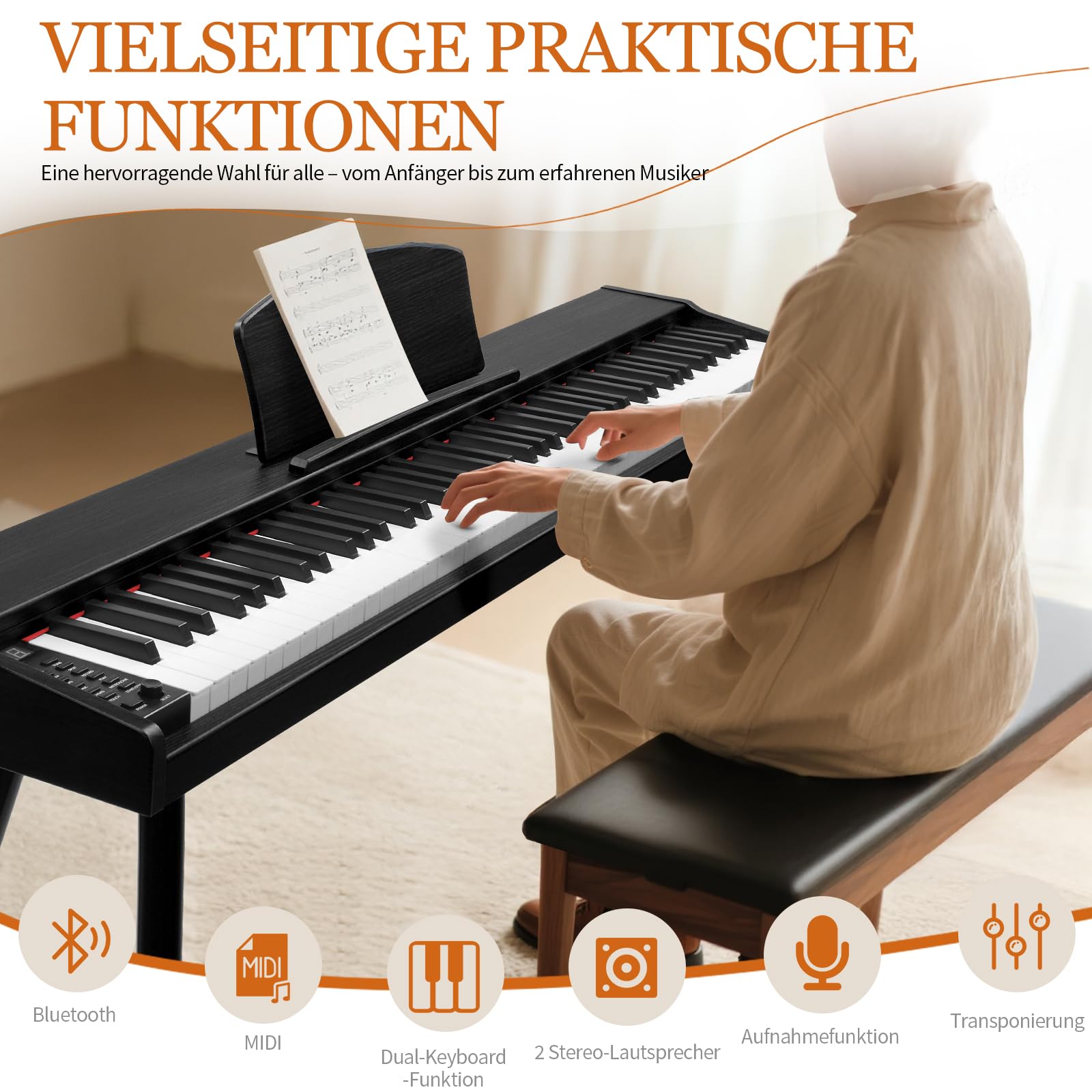 LEADZM 88 Tasten Digitalpiano mit Ständer, Halbgewichtetes E-Piano mit 3 Pedalen, für Anfänger Geeignet (Schwarz)