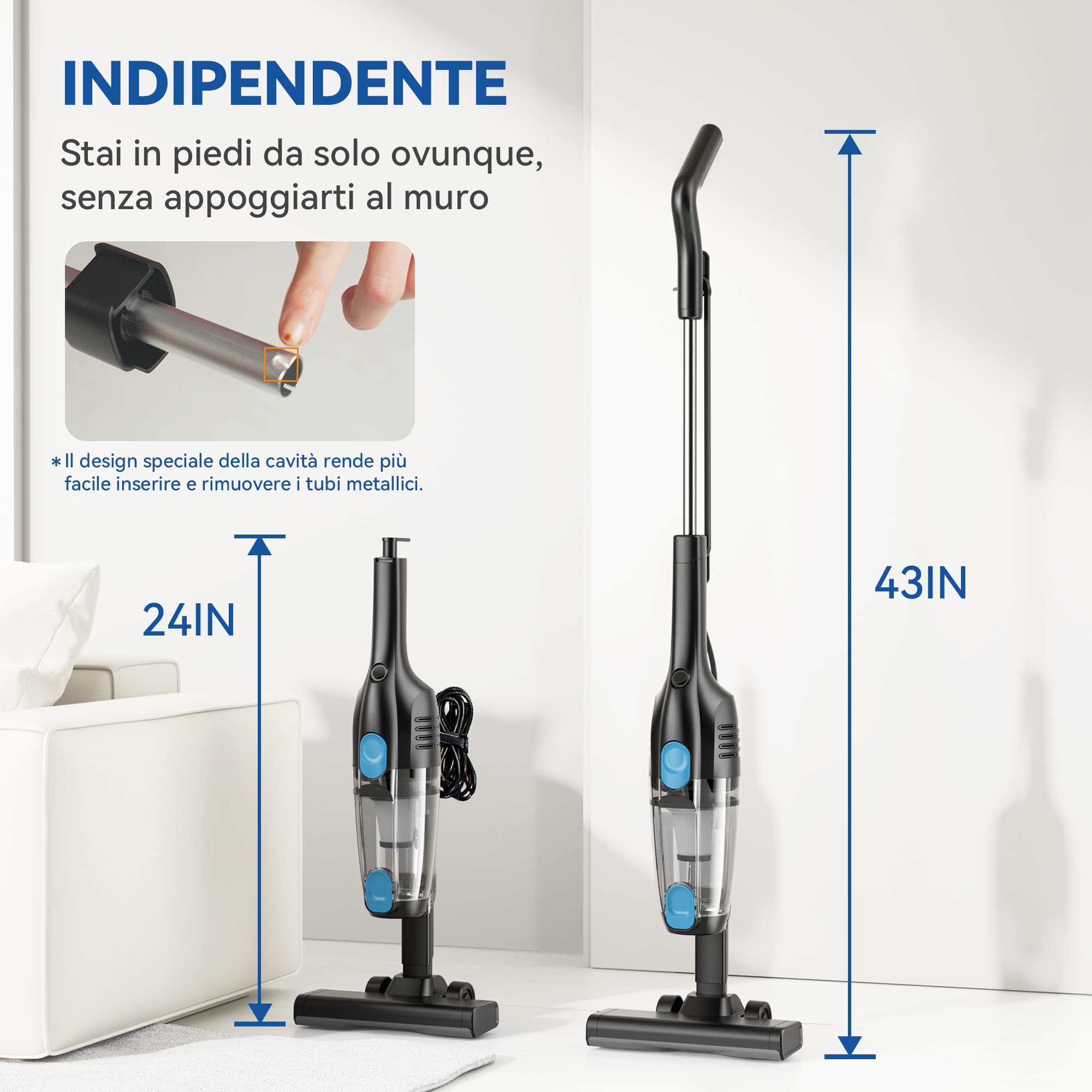 Aspirapolvere con Filo, Scopa Elettrica con Filo Potente 20Kpa 600W, 3 in 1 Aspirapolvere Portatile con Cavo Lungo 5m, Aspirapolvere senza Sacco Leggero Antigroviglio per Peli di Animali Tappeti