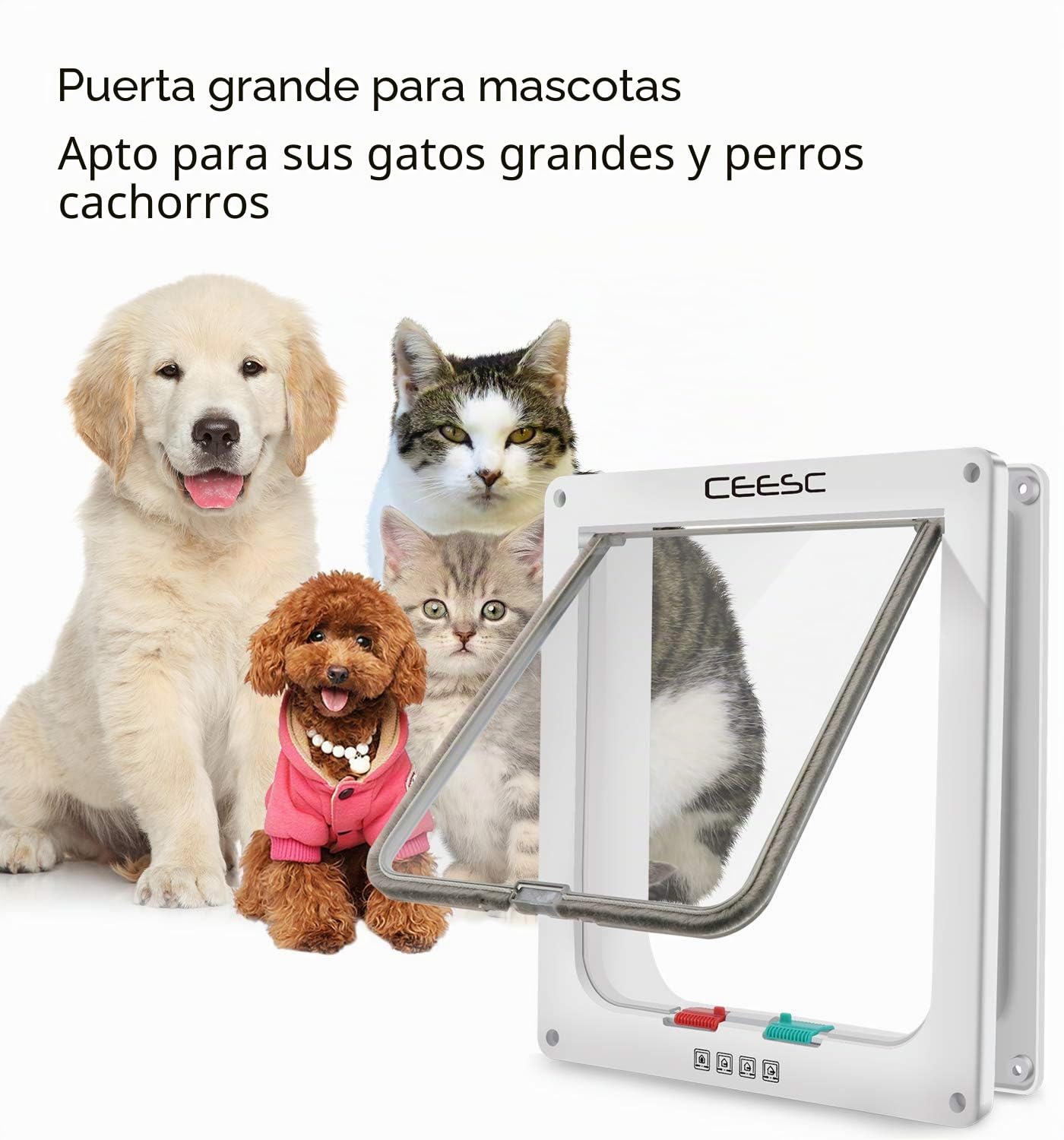 CEESC Gateras para Gatos Grandes (28 x 24,9 cm), Bloqueo de 4 Vías para Gatos y Perros Pequeños de Circunferencia <63 cm, Fácil de Instalar y Usar