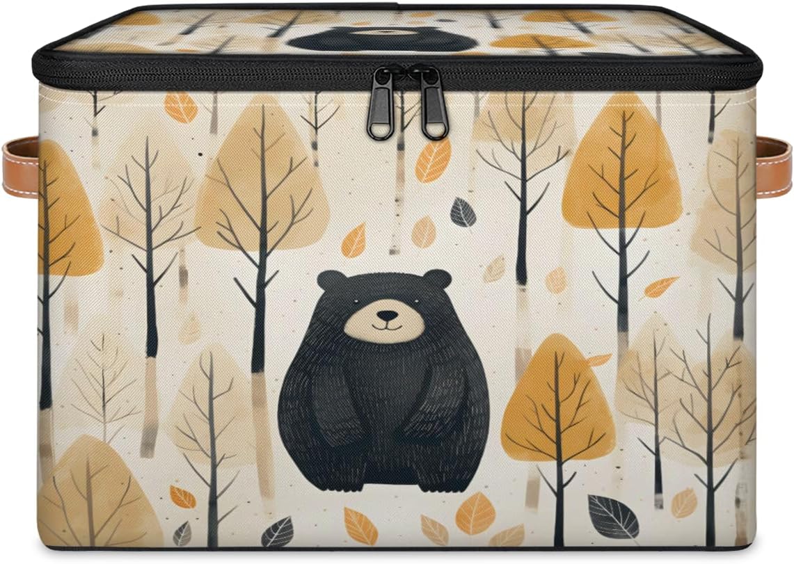 Storage Bin Set of 2 Autumn Forest Bear Storage Basket with Zipper Lid & Handle Foldable Closet Shelf 2 Pack Cloth Organizer Basket Cube Bins Clothes Organizer for Nursery, Bedroom