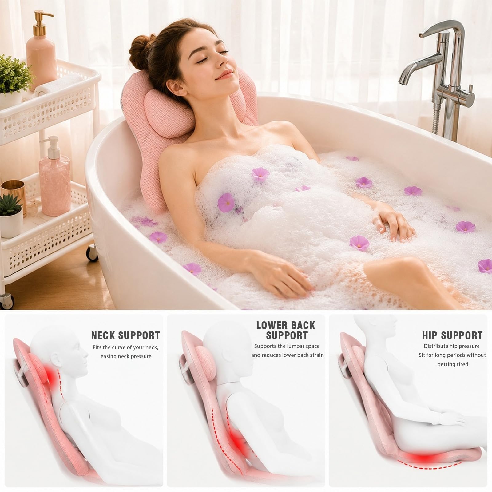Cuscino per vasca da bagno, cuscino per vasca da bagno, cuscino per vasca da bagno con poggiatesta per alleviare il collo e la schiena, cuscino da bagno con forti ventose (rosa)