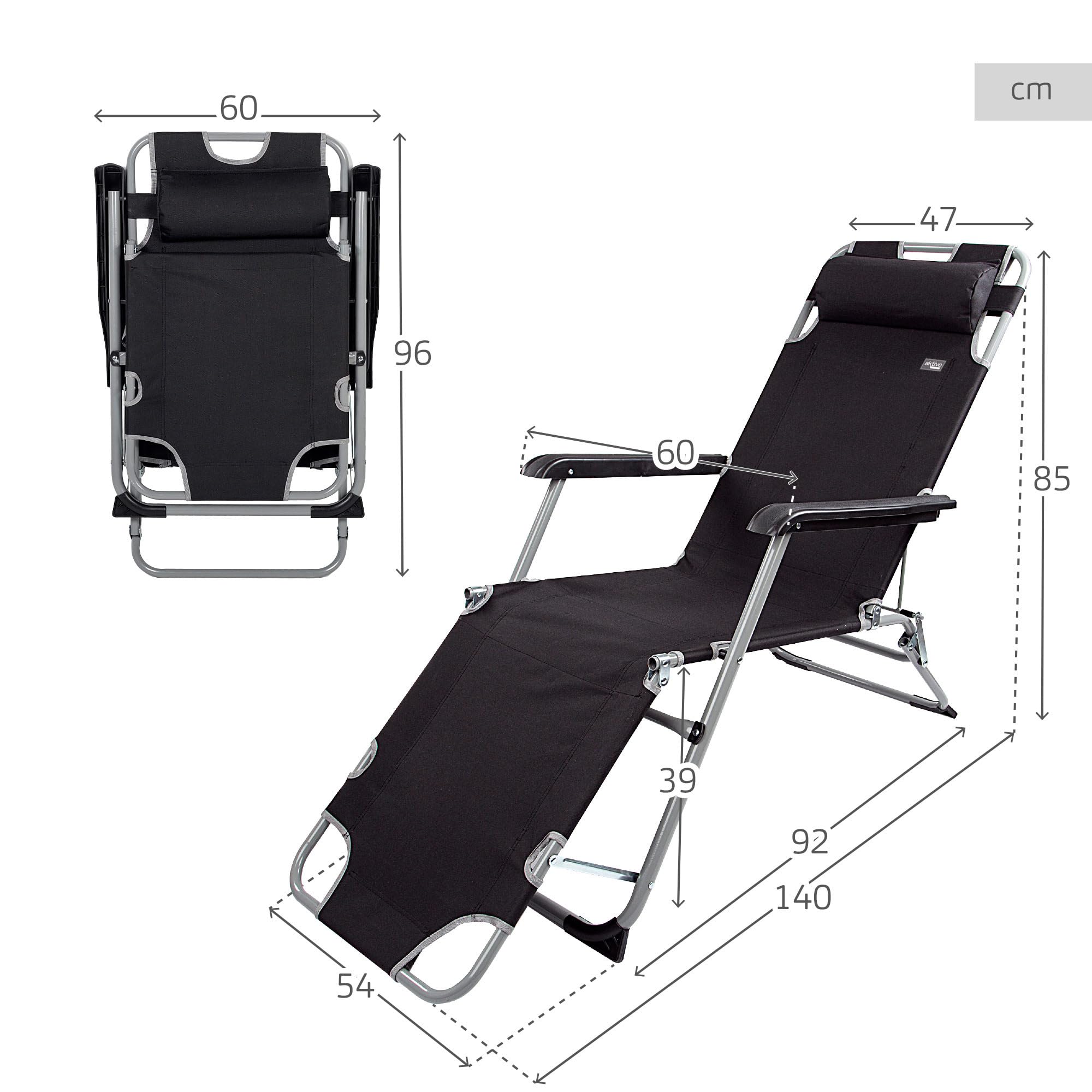 AKTIVE Tumbona Plegable, 177x47x34/85 cm, Negra, 3 Posiciones, Incluye cojín, Topes antivuelco, Tejido poliéster, Estructura Acero, Soporta 110 kg, Tumbonas Plegables para Playa y terraza (62297)