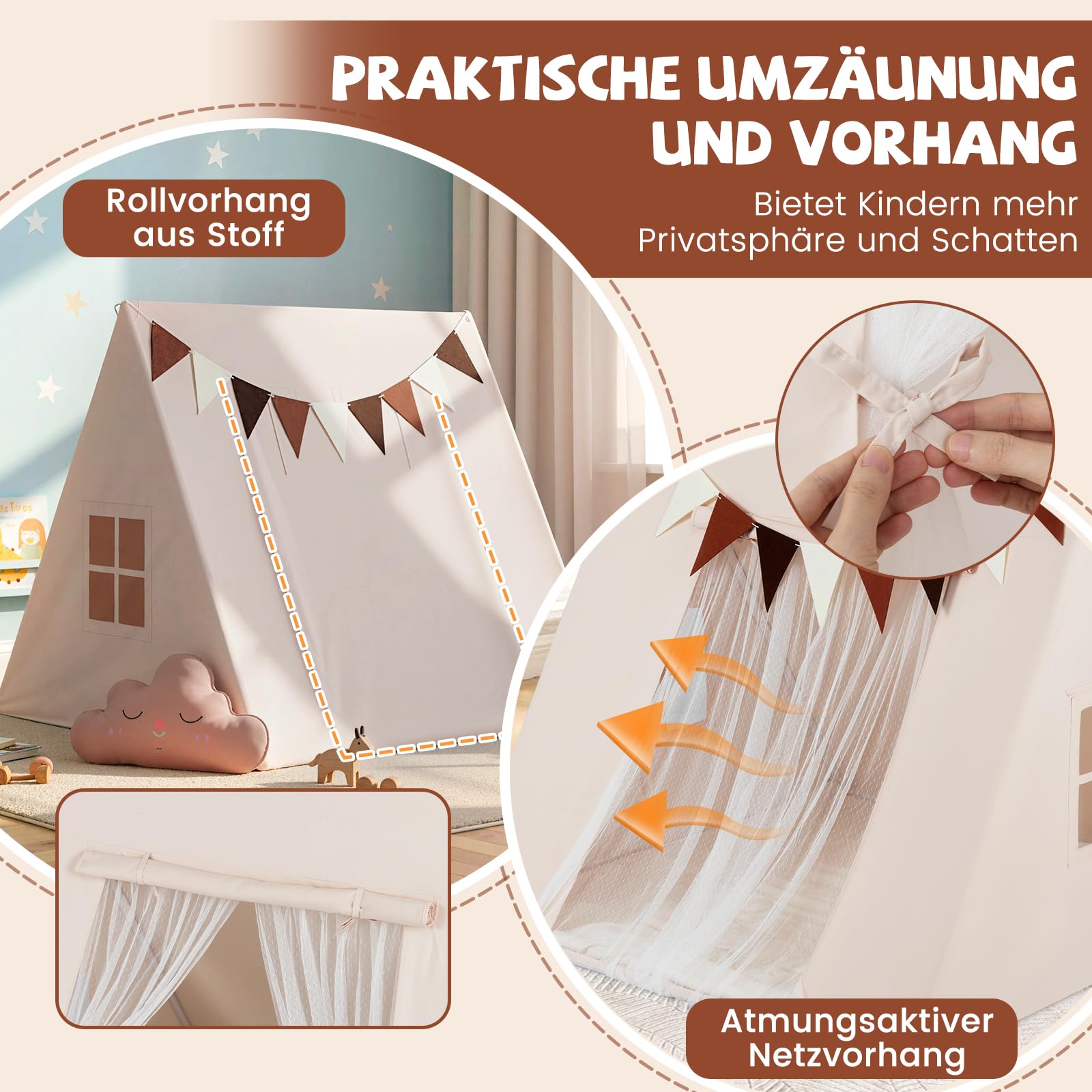 GOPLUS Namiot Tipi dla dzieci, namiot dziecięcy do użytku wewnątrz z wyściełaną matą i zasłonami, namiot tipi z kolorowymi flagami i oknami, domek do zabawy dla chłopców i dziewczynek od 3 lat, kącik