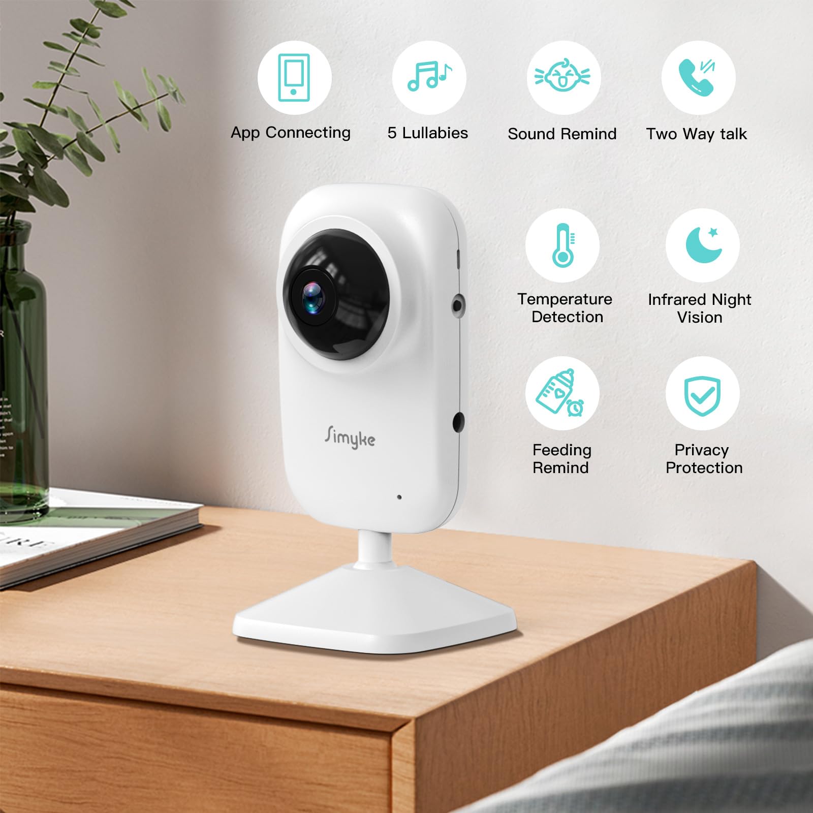 Simyke Video Baby Monitor Add-on Camera Compatible with BME28 Baby Monitor,Night Vision,1200ft Long Range,2 Way Talk,Auto Night Vision,App or Add Display Control,5 Lullabies Feeding Remind,Home Use