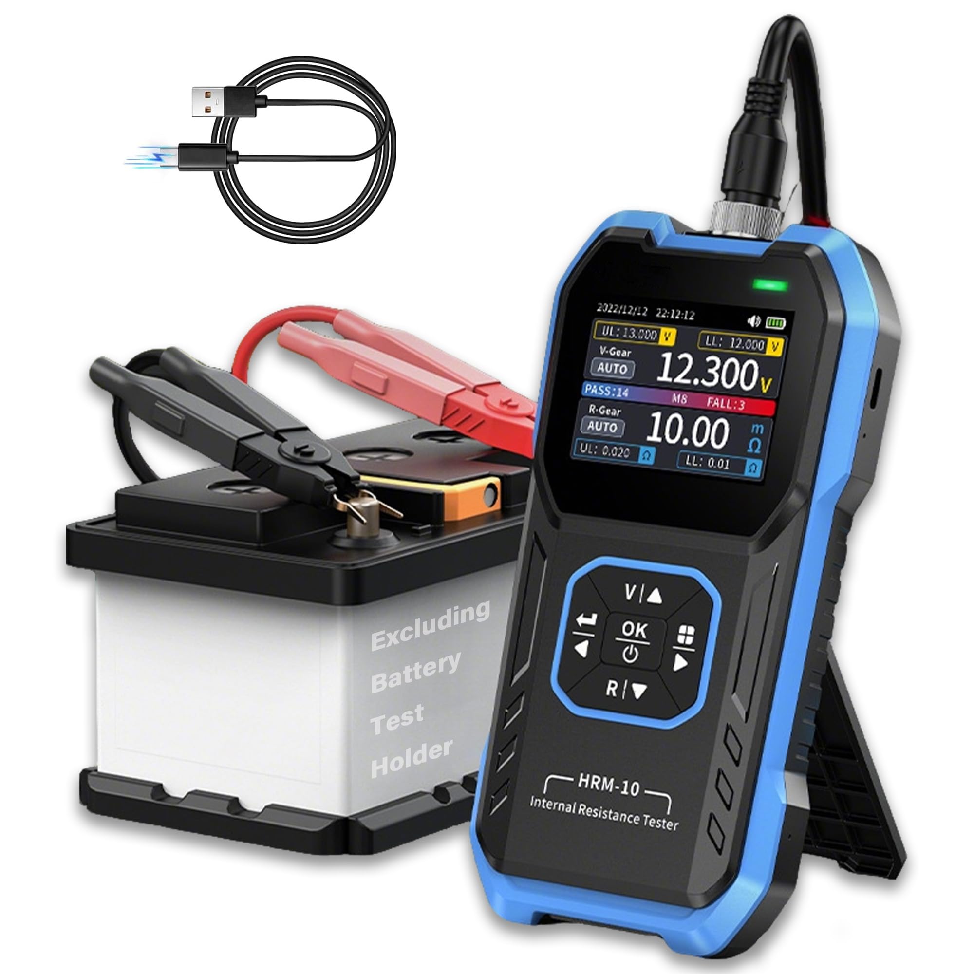 HRM-10 Ccomprobador de baterias,0mΩ-200Ω 100 V Comprobador de pilas,Kelvin de 4 hilos,1000 mAh,Guardado automático/Clasificación/Comparación/Apagado automático,Comprobador de resistencia interna