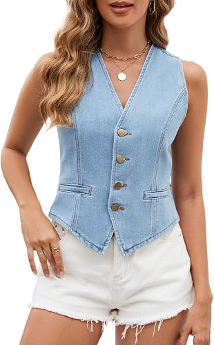 Ladyful Denim Vest Top for Women V Neck Sleeveless Jean Waistcoat Vest