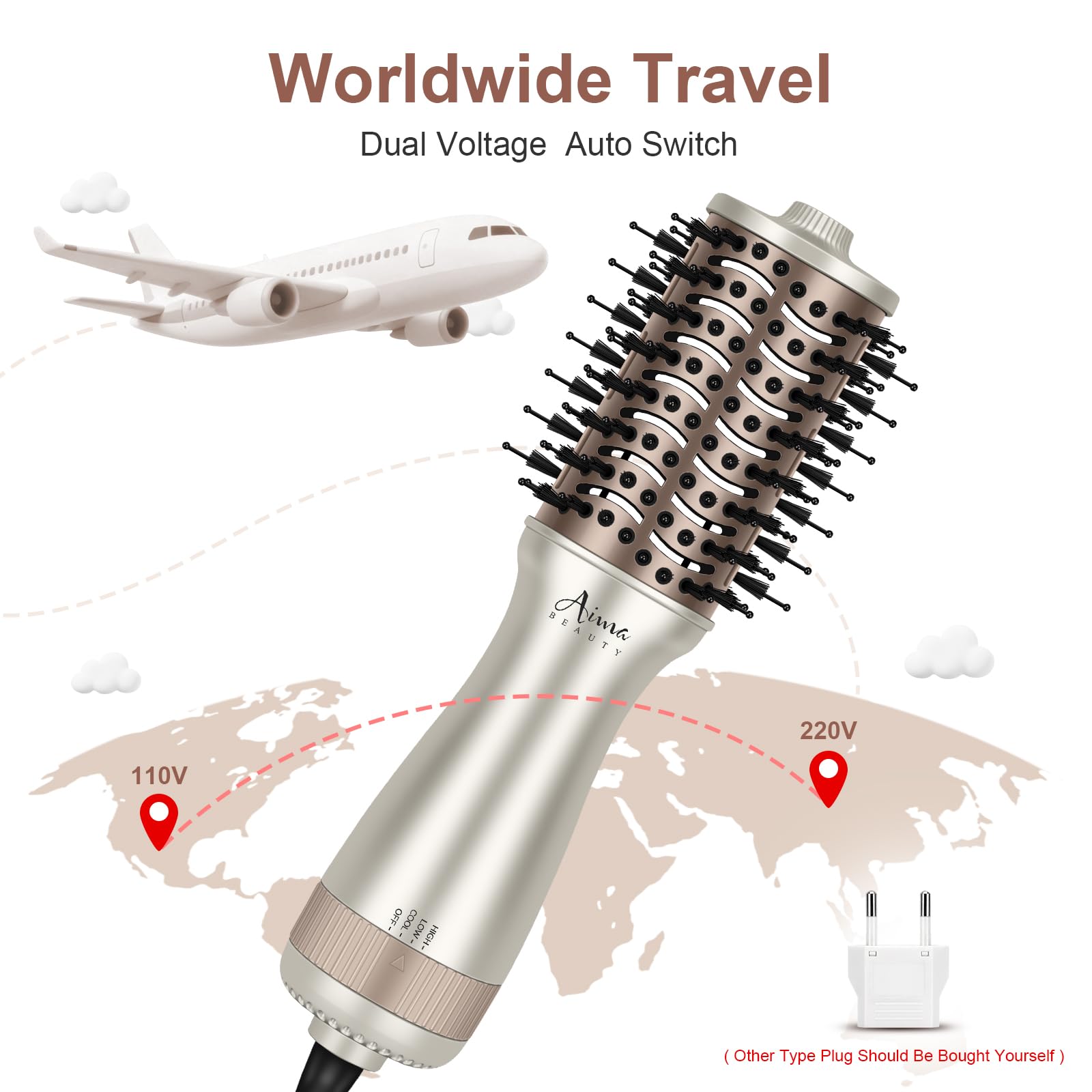 Aima Beauty Small Dual Voltage Hair Dryer Brush, 2-Inch Oval Hot Air Brush