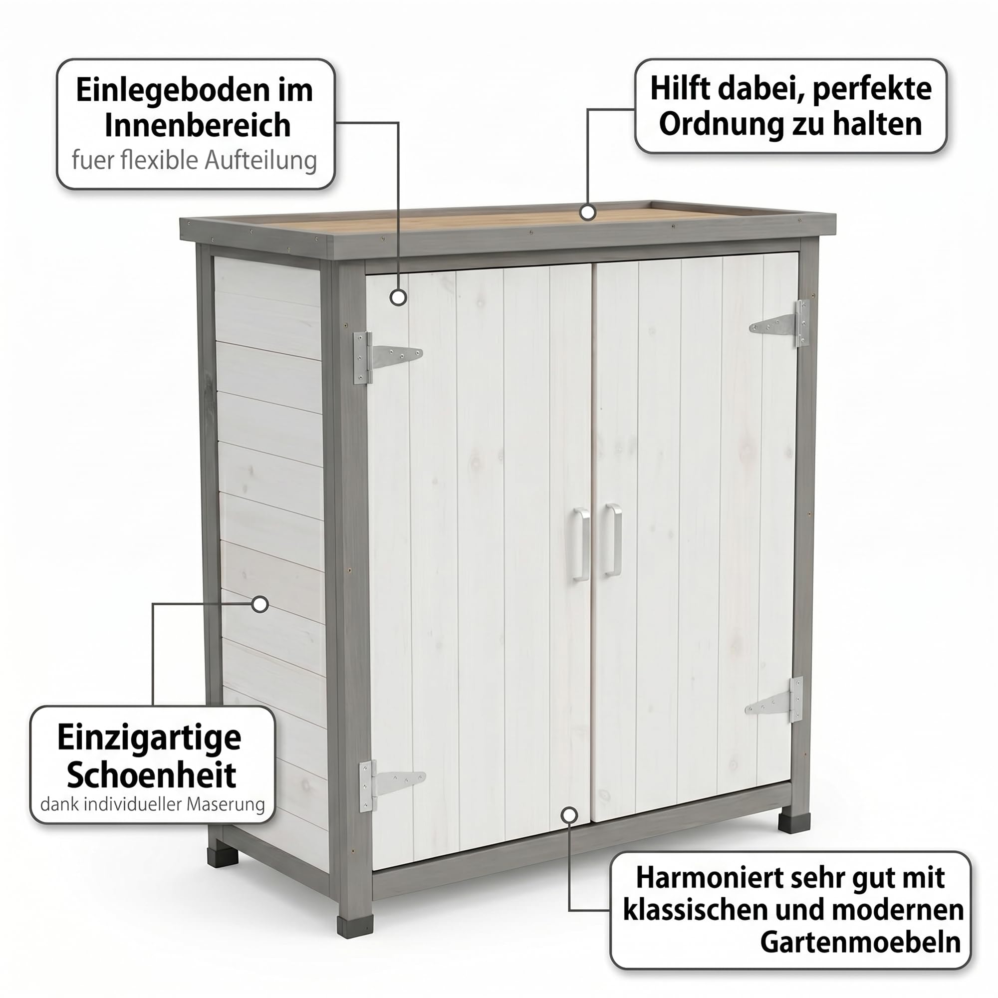Mucola Geräteschrank Garten 75x40x90 cm Holz Weiß – wetterfester Gartenschrank mit Einlegeboden & silberfarbenen Beschlägen – Aufbewahrungsschrank Outdoor für Terrasse Balkon Gartenschuppen