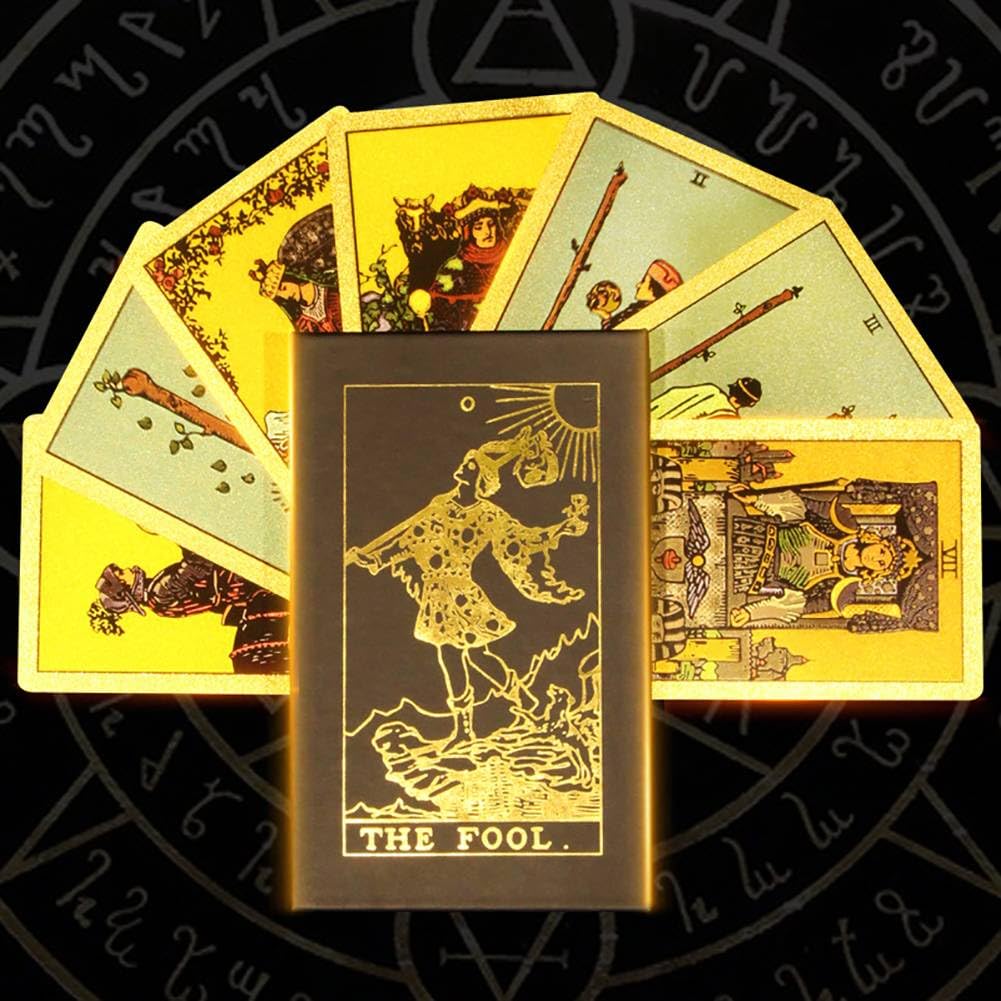 Générique Gold Foil Tarot, Version Anglaise des Outils de Divination, Cartes de Jeu de société de Divertissement Familial, charmants Decks Premium Gold Foil Tarot,Hexagonal Gold,12 * 7cm