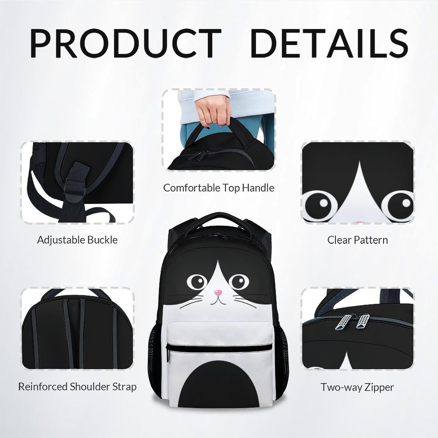 UNIKITTY Kids Backpack for Girls Boys, Cat Backpack for Cat Lovers, 17 Inch School Backpack for Kids, Black Cute Kids Bookbag with Adjustable Straps