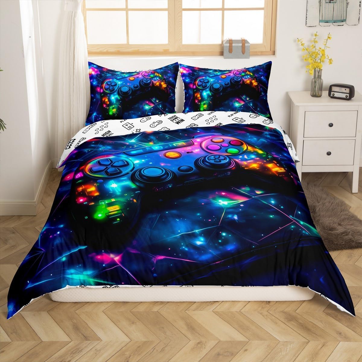 Loussiesd Gamer Bedding Set Blue Neon Gamer Duvet Cover for Kids Boys Girls Single Size 2Pcs Colorful Game Controller Bedspread Cover Video Game Comforter Cover - Image 3