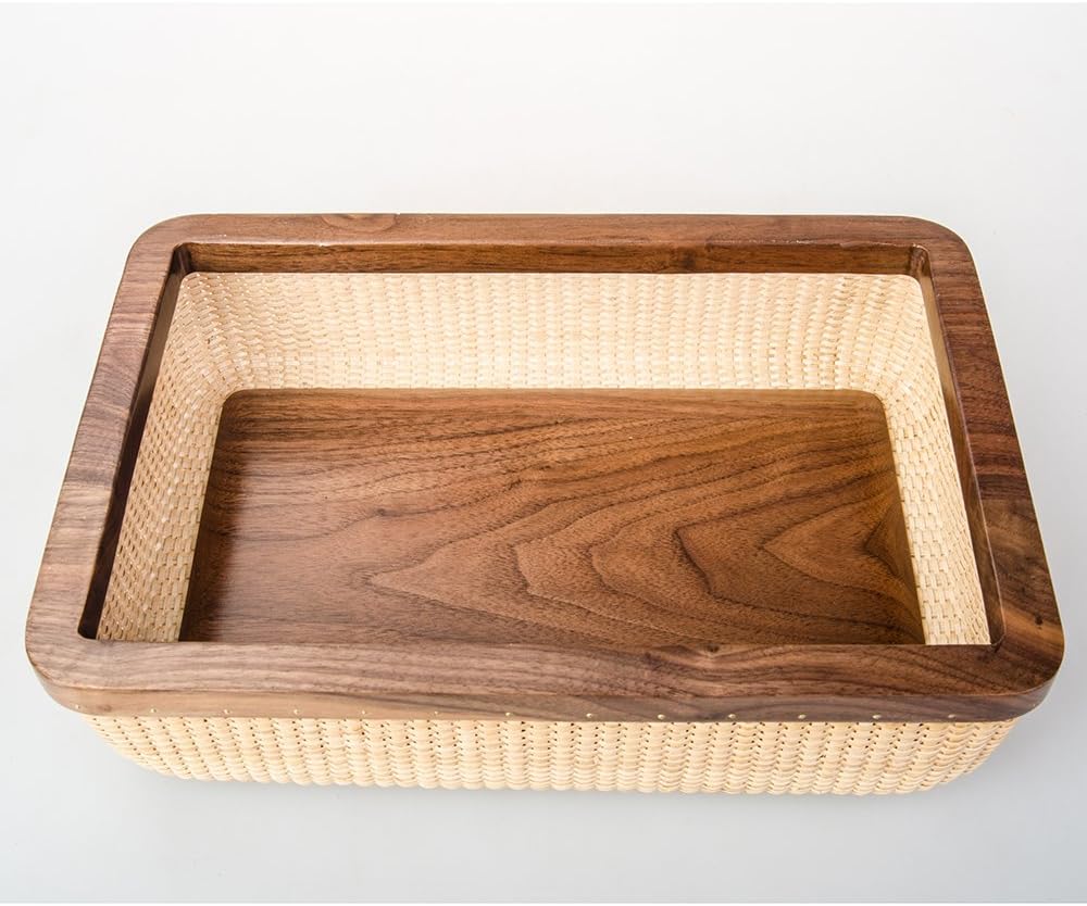 Nantucket Basket Rattan and Solid Wood Home Decorations for Living Room Modern Storage Basket Square Jewelry Box Fruit Baskets for Table Storage Baskets Woven (Large Black Walnut 12.2" H3)