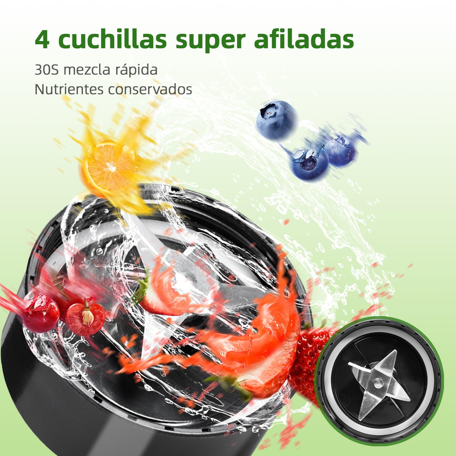 Carehabi Batidora de Vaso Portátil, Mini Licuadora para Batidos con 2 Botellas 600ml (Libre de BPA), Motor 300W Acero Inoxidable + 4 Cuchillas - Plata