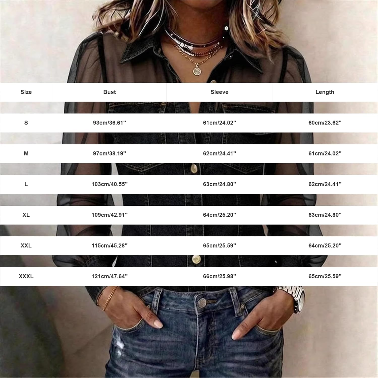 Women’s Vintage Faux Denim Shirt Spring V-Neck Patchwork Sheer Sleeve Office Casual Blouse