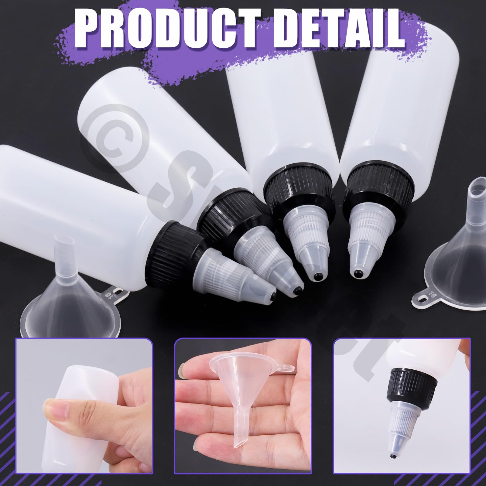 Swpeet 25 przezroczystych butelek z małymi lejkami, plastikowa butelka Boston LDPE o pojemności 30 ml, puste butelki z zakrętką Twist Top Cap do płynów z tuszem, z tworzywa sztucznego