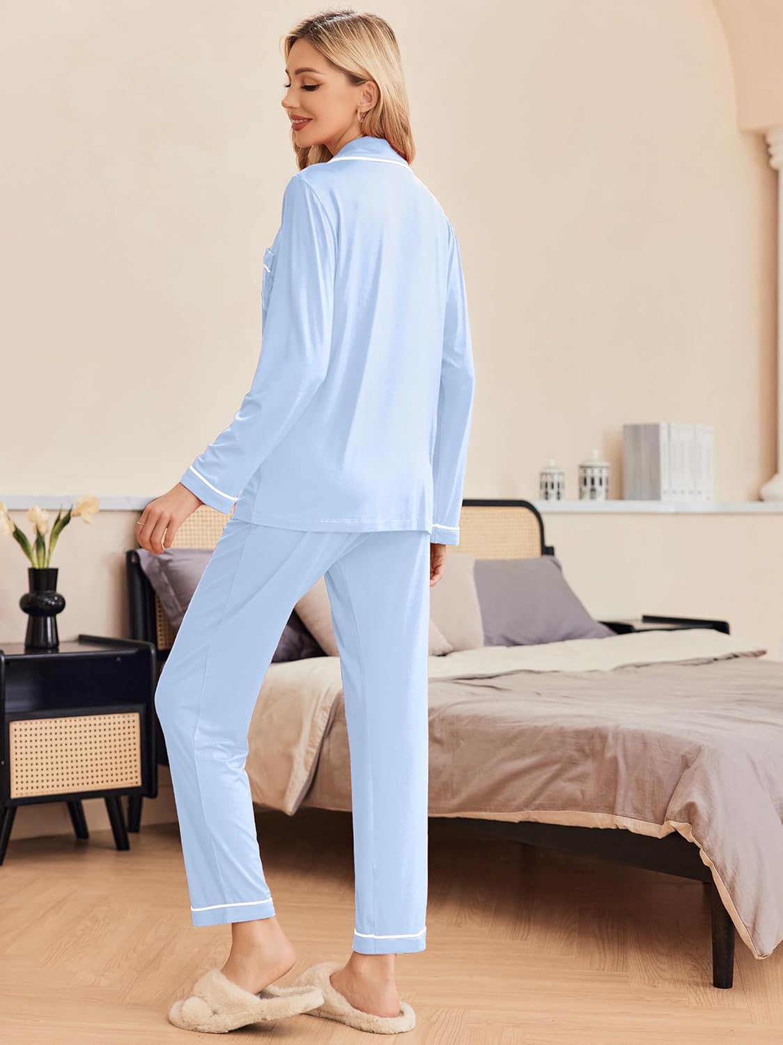 Ekouaer Pajamas Women's Long Sleeve Sleepwear Soft Button Down Loungewear Pjs Lounge Set Nightwear XS-XXL - Image 3