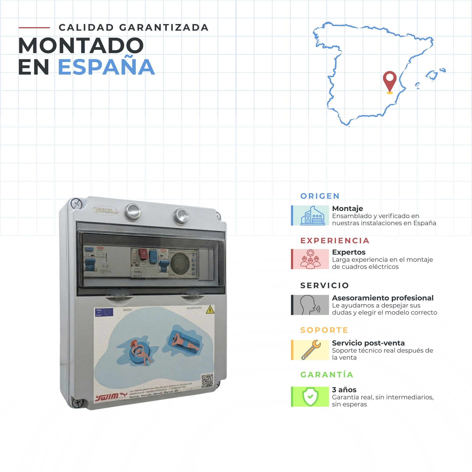 Tosun Cuadro Eléctrico Piscina Trifásico, Transformador 100W 12V AC, Reloj y Guardamotor 9-14A, Bomba +2CV