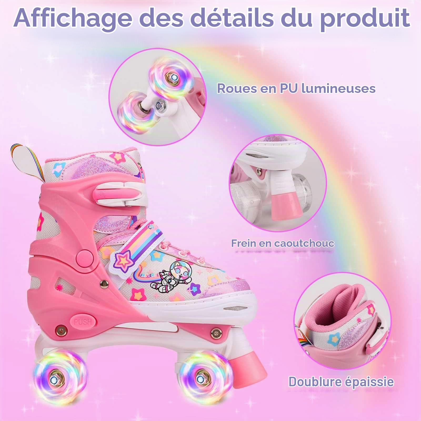 Roller Enfant Fille Patin a Roulette Fille Rollers Quad avec 8 Roues Lumineuses,4 Taille Réglable Patins à roulettes Confortables pour Les Filles et Les garçons et débutants