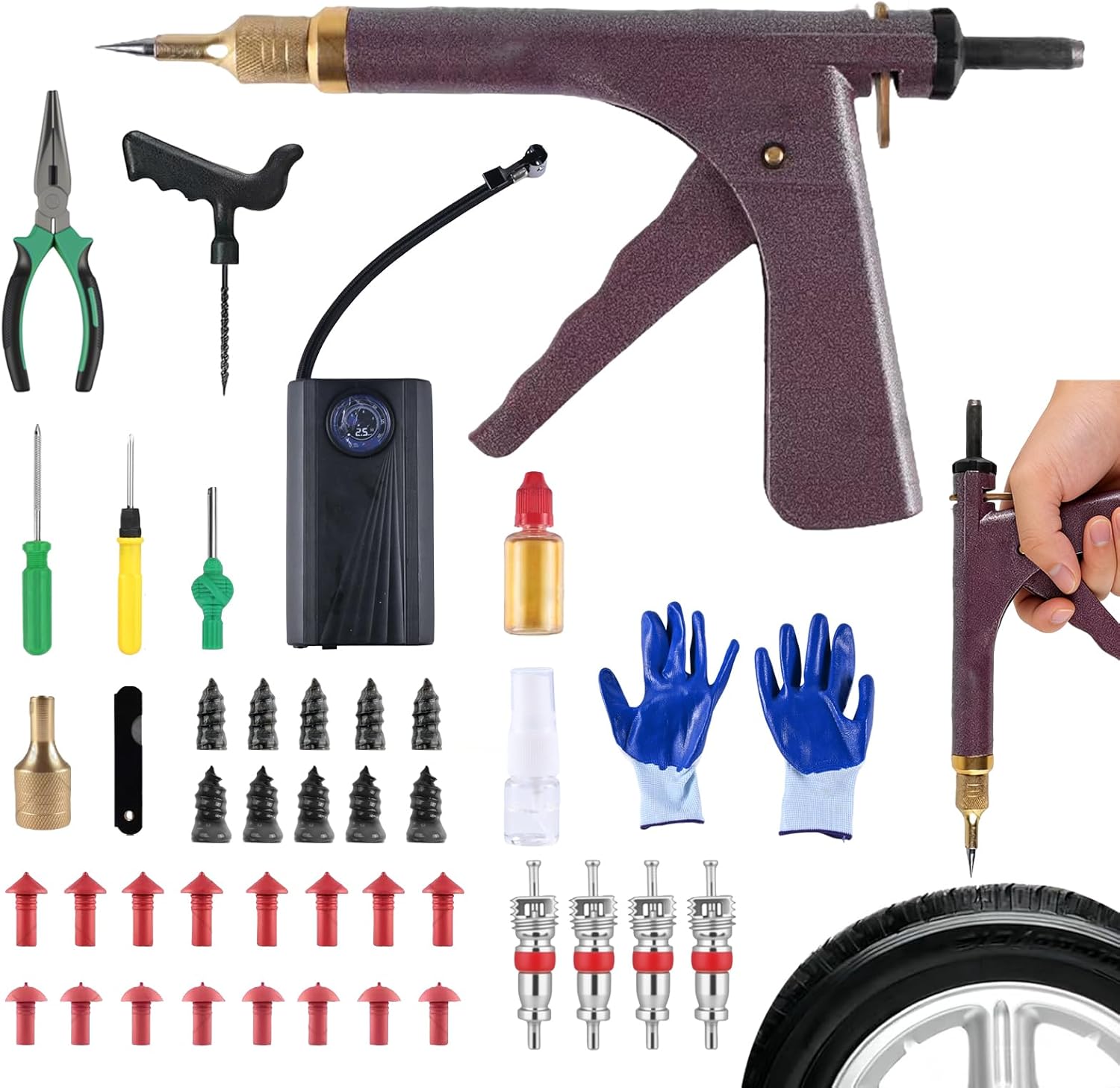 Tire Repair Kits Tubeless Tire Puncture Repair Kit with Mushroom Plug, Repairs punctures and Flat Tires for Motorcycles, Cars, Trucks, ATVs,Gun Puncture Repair Kit(Red)
