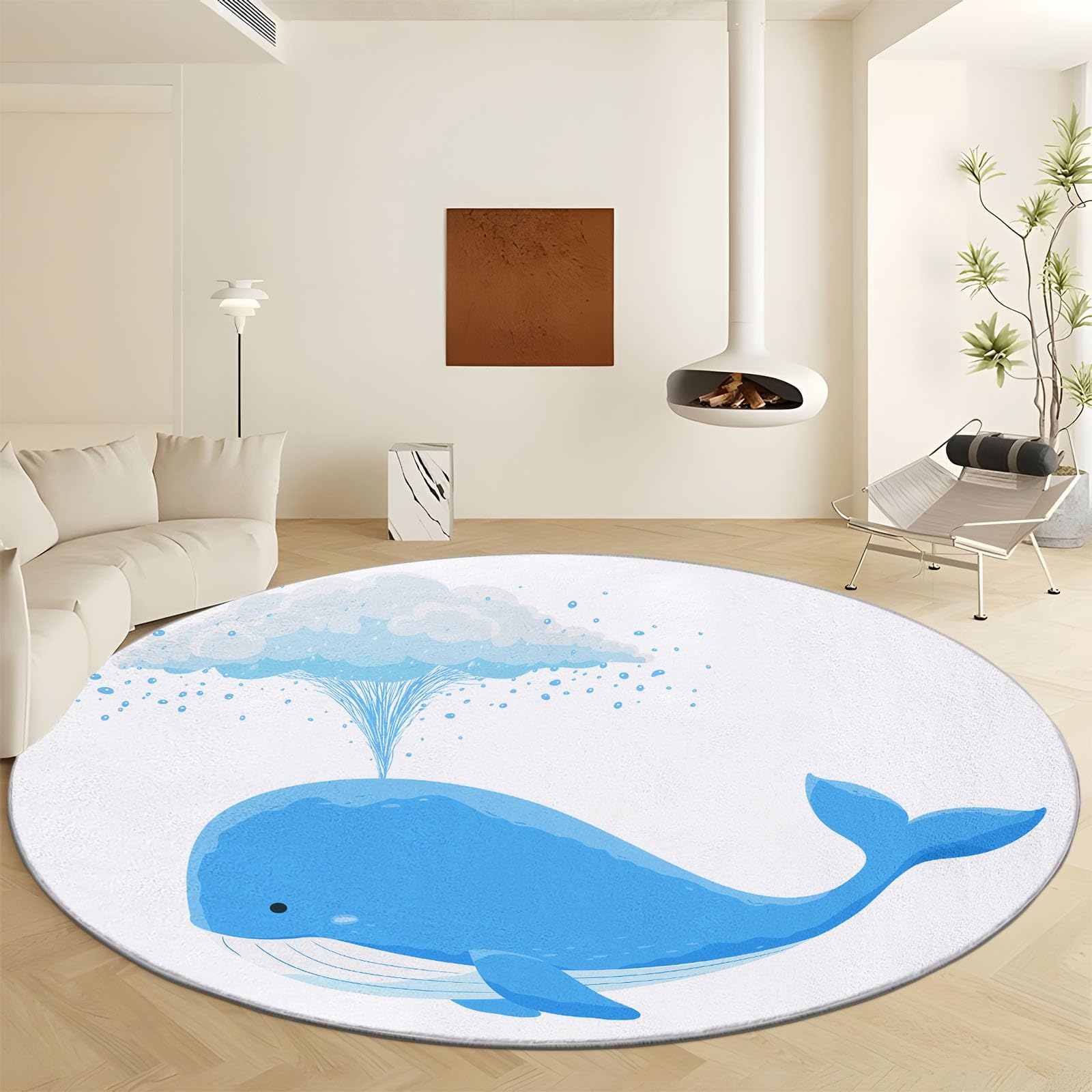 Tapis rond bleu fluffy poil ras antidérapant moquette douce baleine